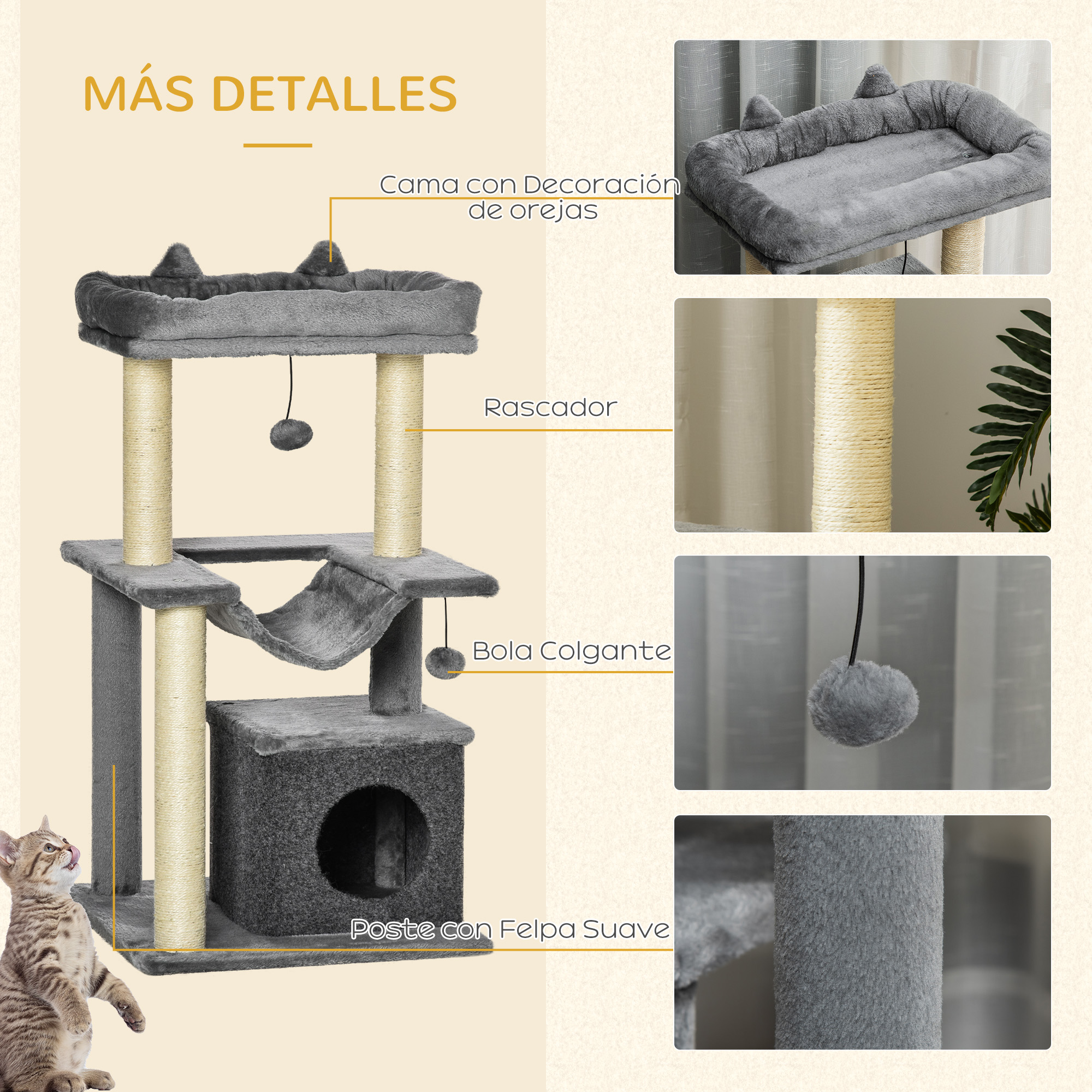 Un rascador para gatos con detalles de varias partes, incluyendo una cama y una bola colgante.
