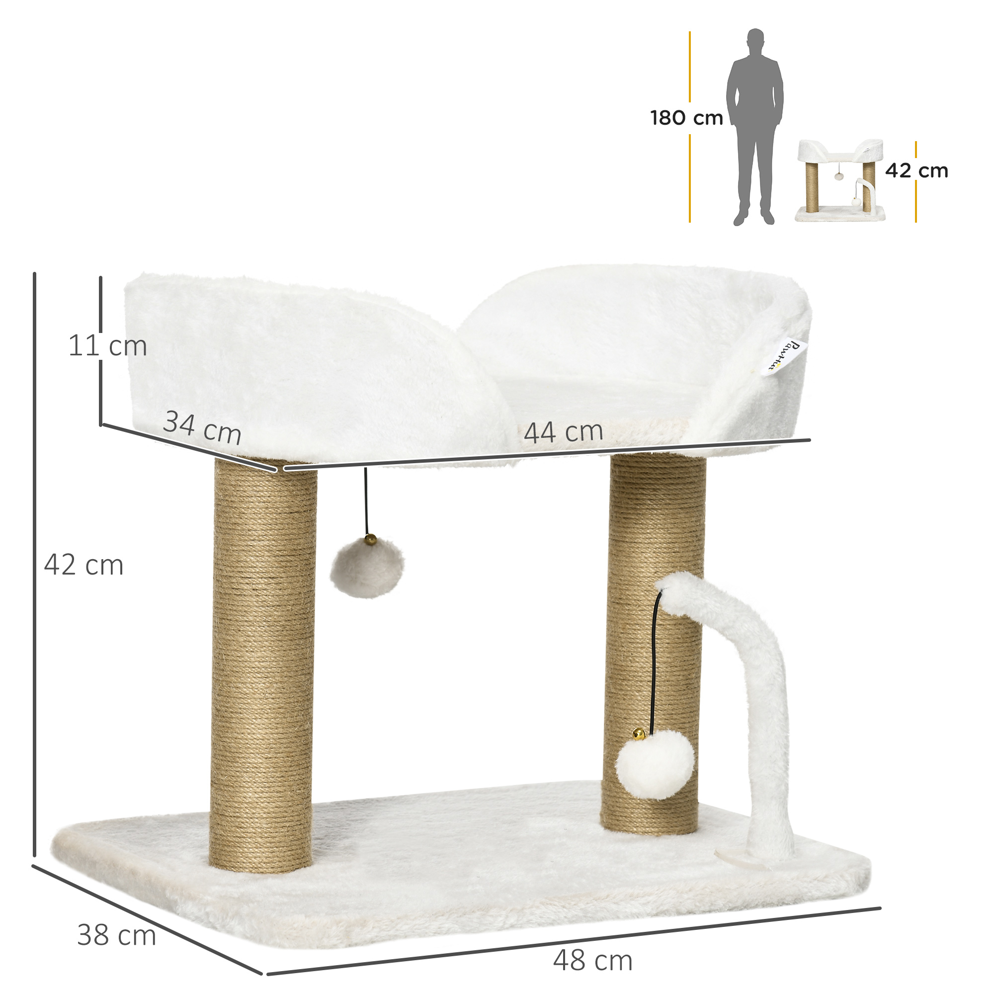 Árbol para gatos con plataforma, hamaca y juguete colgante. Incluye dimensiones en cm.