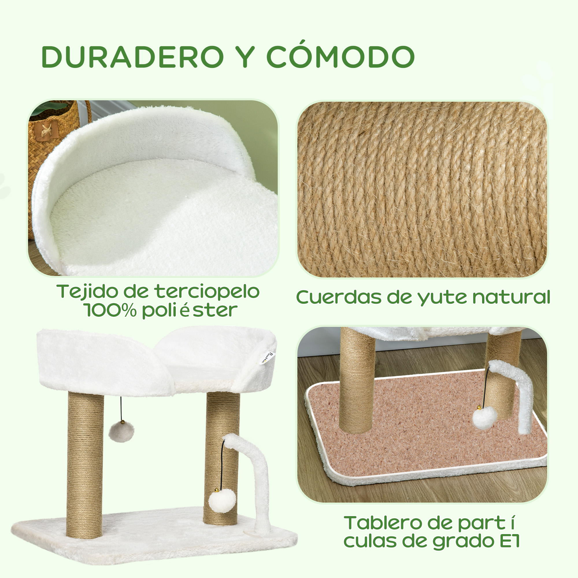 Primer plano de un rascador para gatos con materiales suaves y cuerda. La base muestra el material.