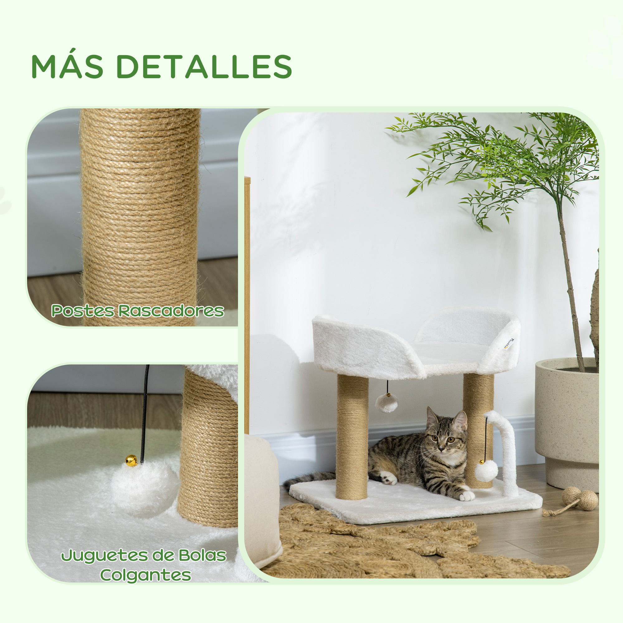 Vistas de cerca de un árbol para gatos que muestran postes rascadores, juguetes colgantes y un gato.