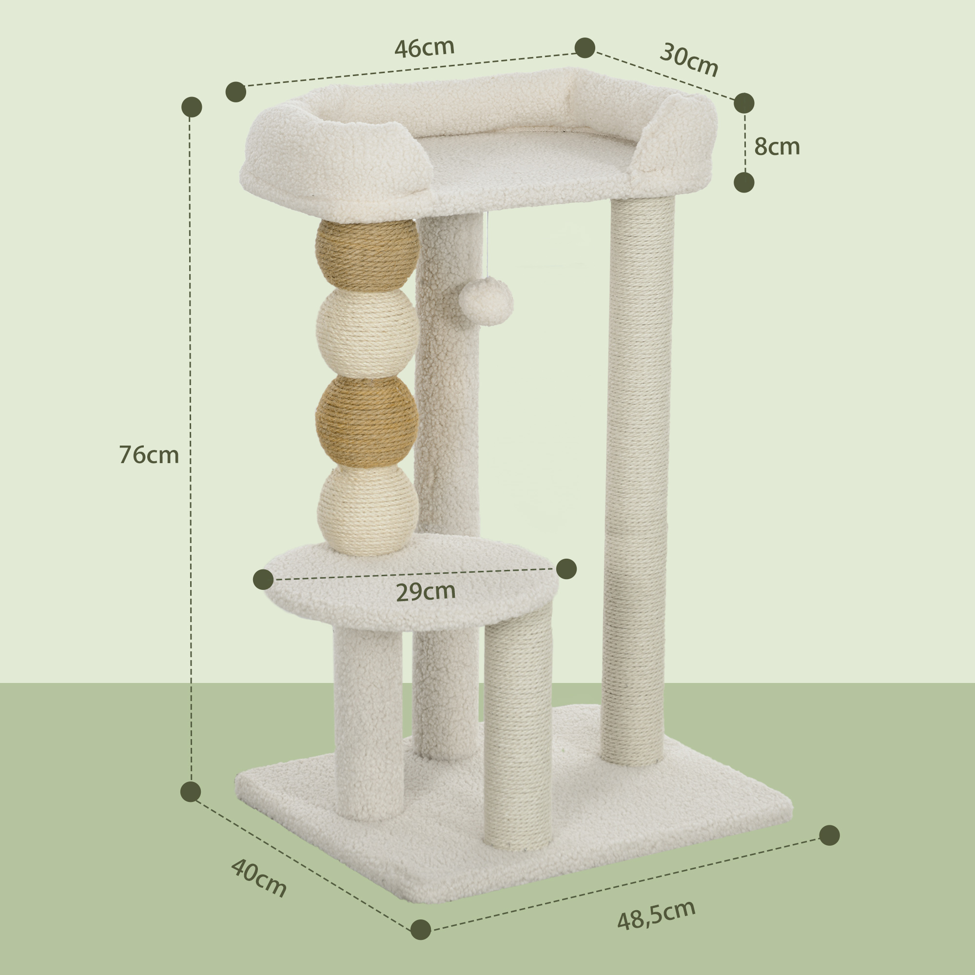 Un árbol para gatos con múltiples niveles, dimensiones etiquetadas en cm. Combinación de colores beige.