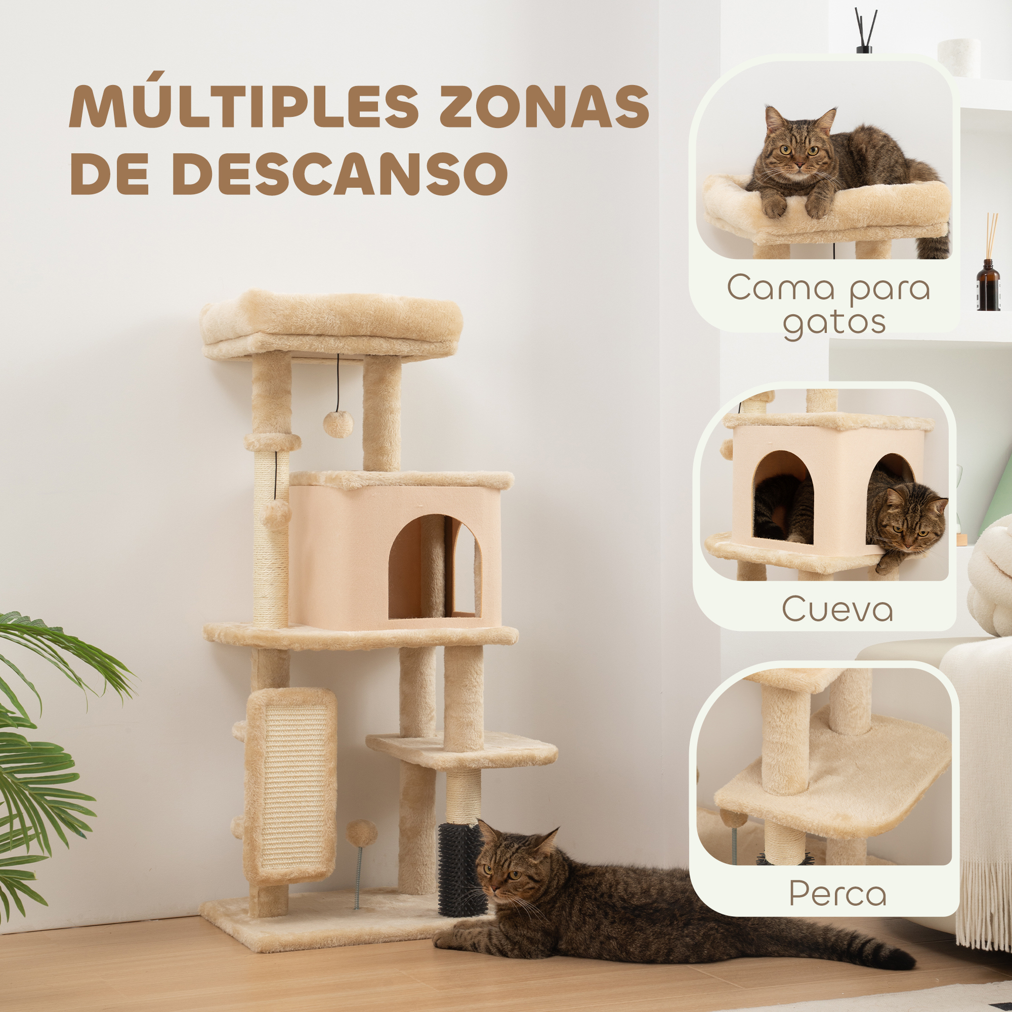 Árbol para gatos beige con múltiples niveles, una cueva y dos gatos descansando sobre él. Incluye una bola colgante.