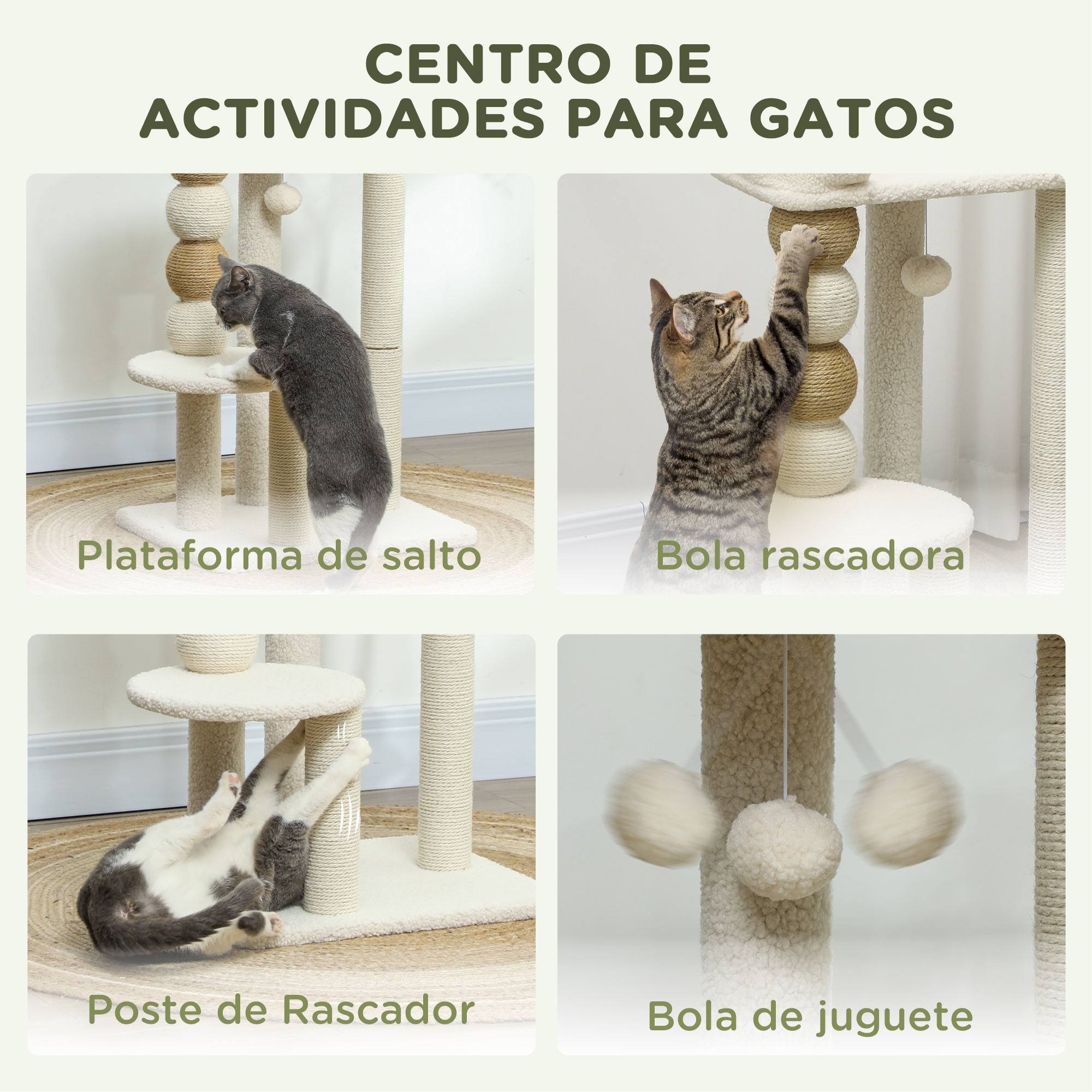 Árbol para gatos con cuatro imágenes de gatos. Incluye plataformas, postes rascadores y juguetes.
