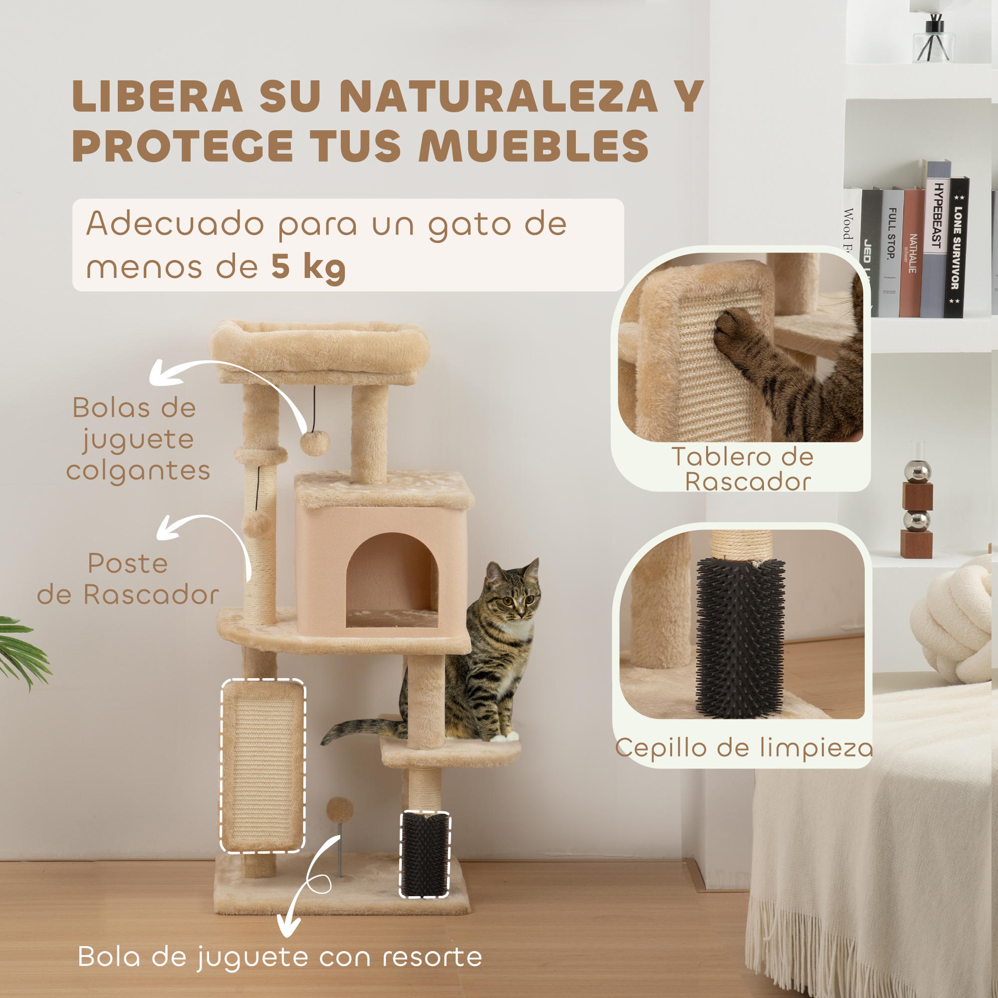 Árbol para gatos con plataformas, rascador, juguetes colgantes y un gato. Colores beige y marrón.