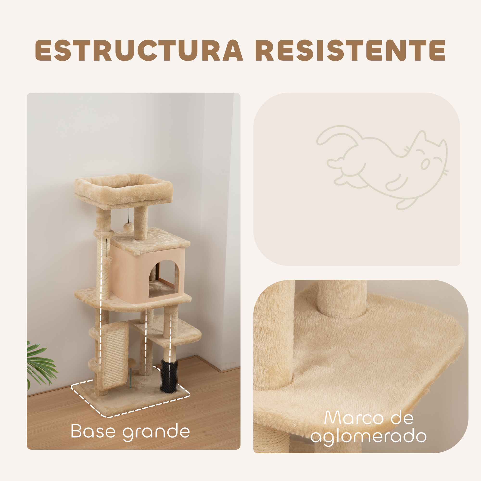 Un árbol para gatos con una base grande, una casa para gatos, postes para rascar y un contorno con forma de gato en beige.