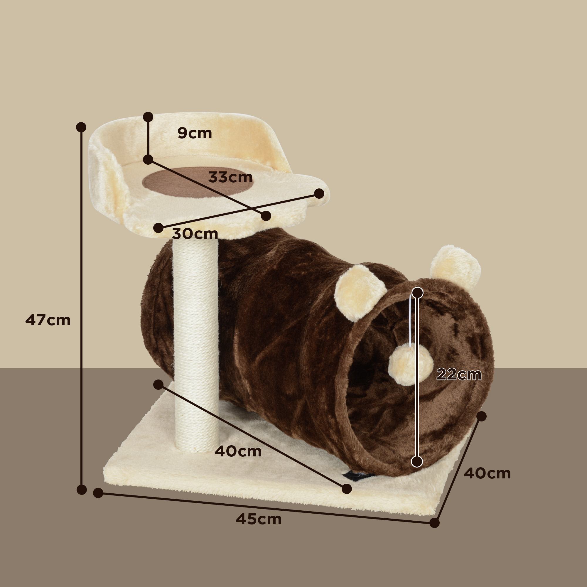 Árbol para gatos con túnel, plataforma superior y dimensiones, sobre un fondo neutro marrón claro.