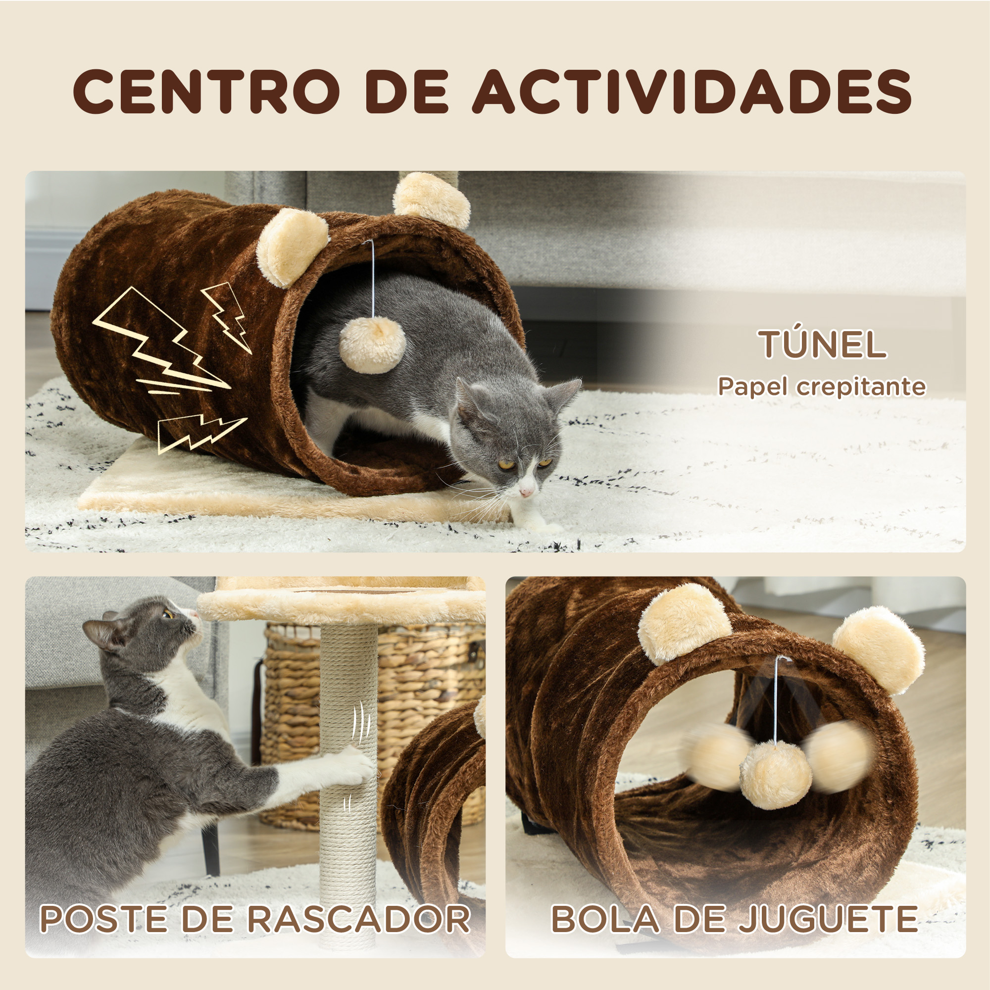 Gatos jugando con un túnel y rascador. El texto dice 'Centro de actividades'. Incluye una bola de juguete.