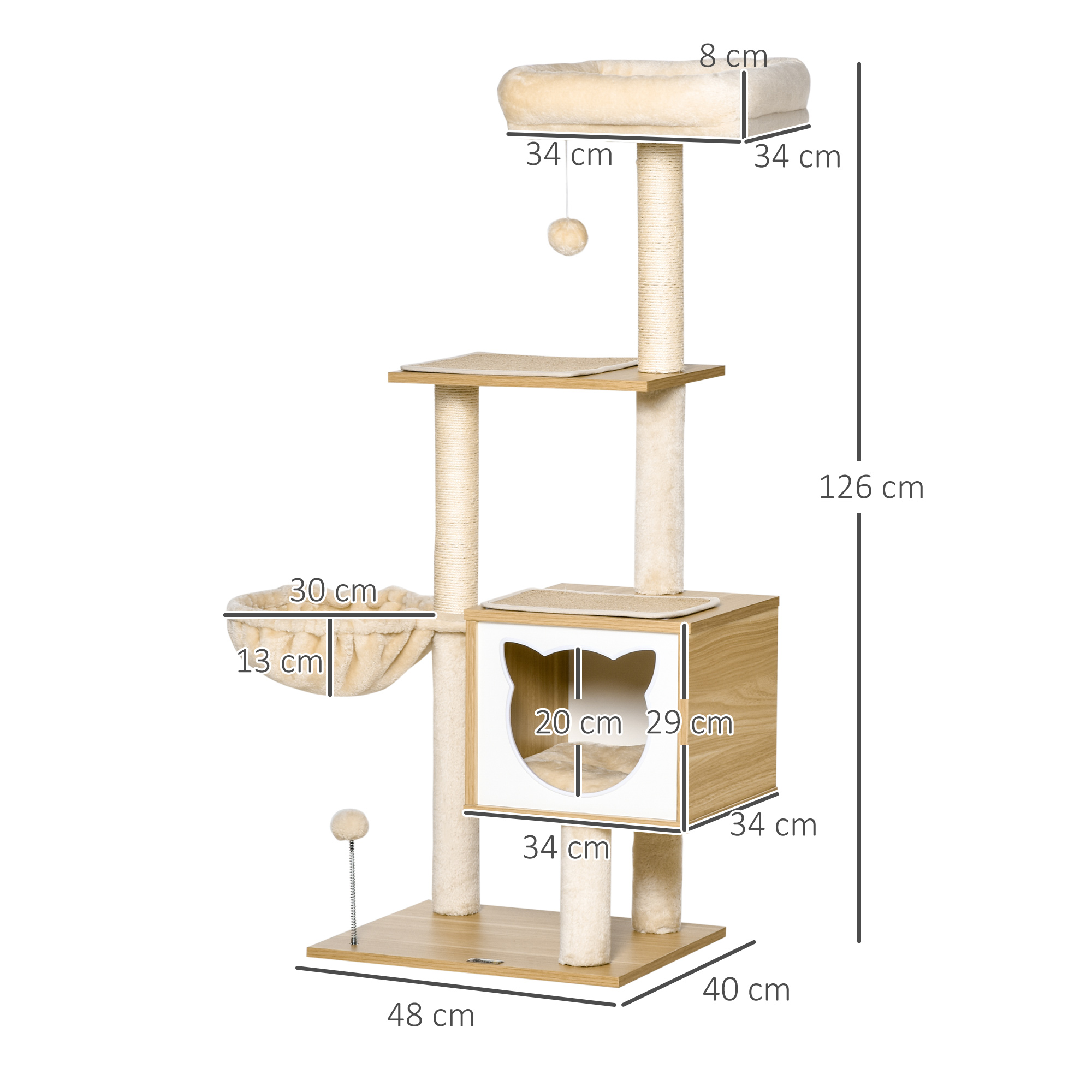 Albero per gatti con dimensioni. Beige e marrone, con letto, cestino e pali per graffiare.