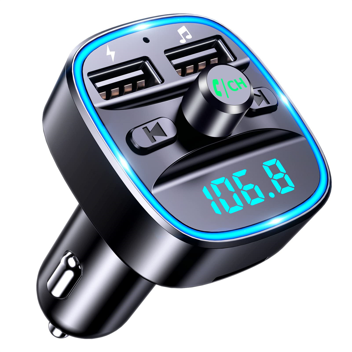 Schwarzes Autoladegerät mit USB-Anschlüssen und digitaler Anzeige mit blauen Zahlen.