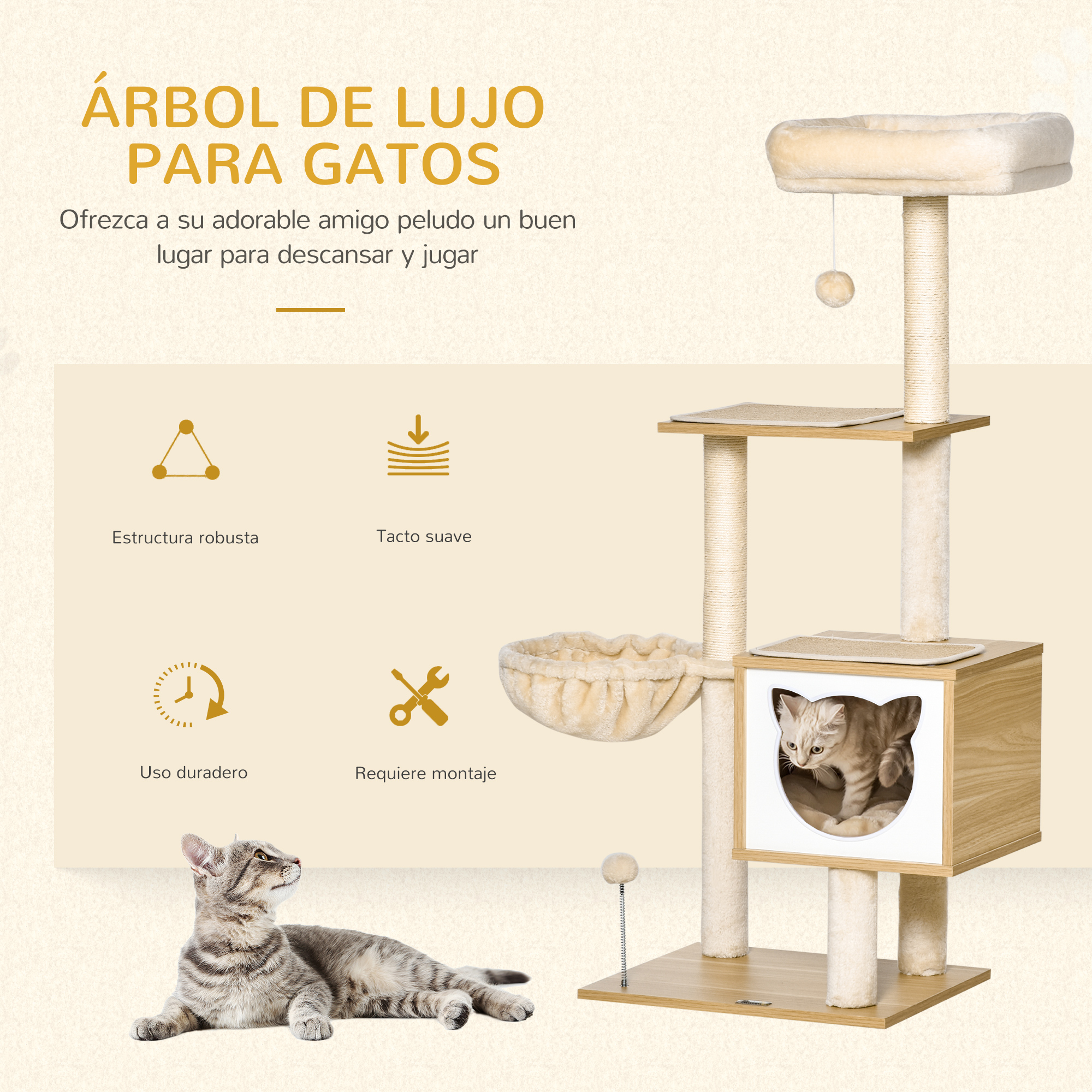Un árbol para gatos con múltiples niveles, una casita para gatos y un gato descansando en él.