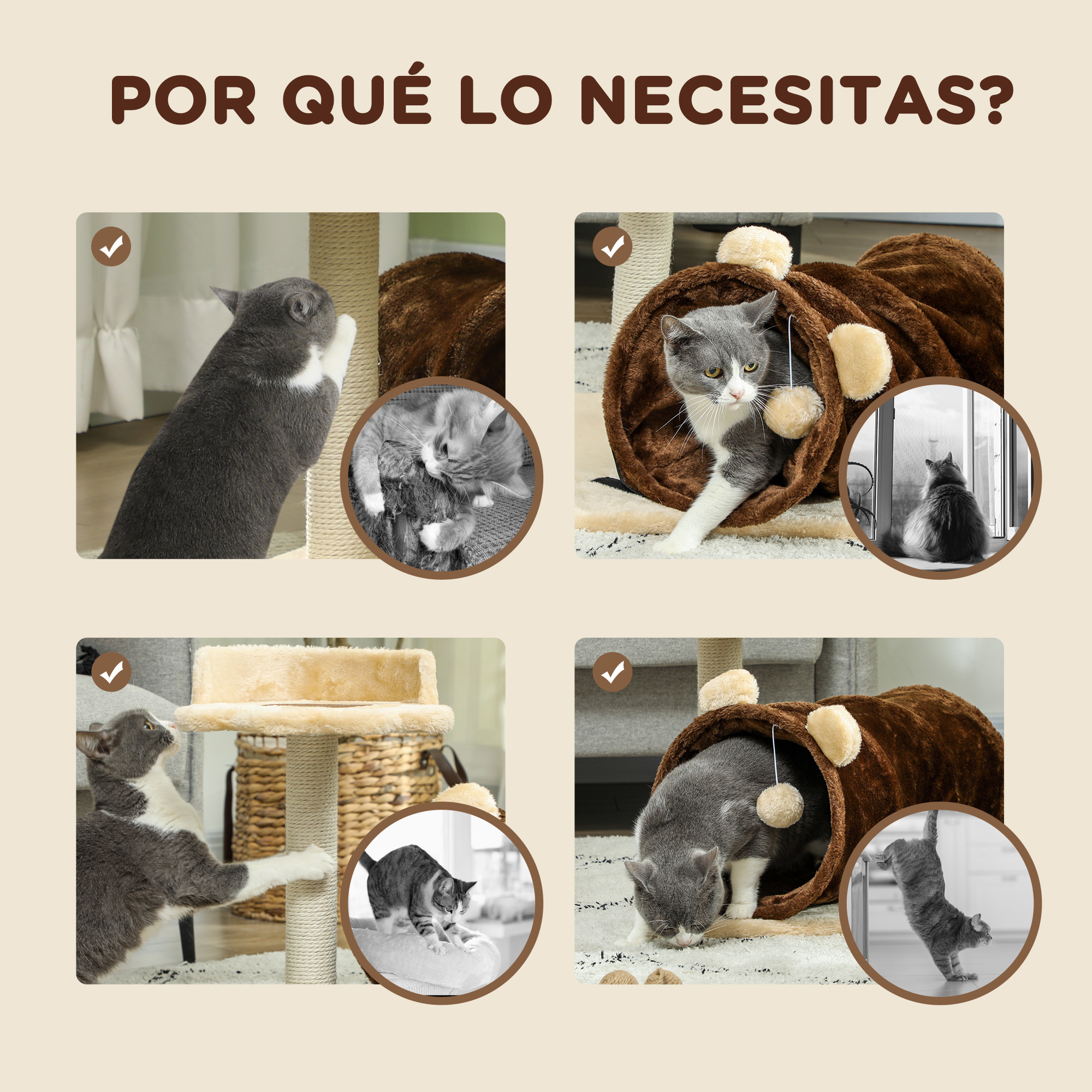 Gatos interactuando con un árbol para gatos: jugando, descansando y explorando varios niveles y túneles.