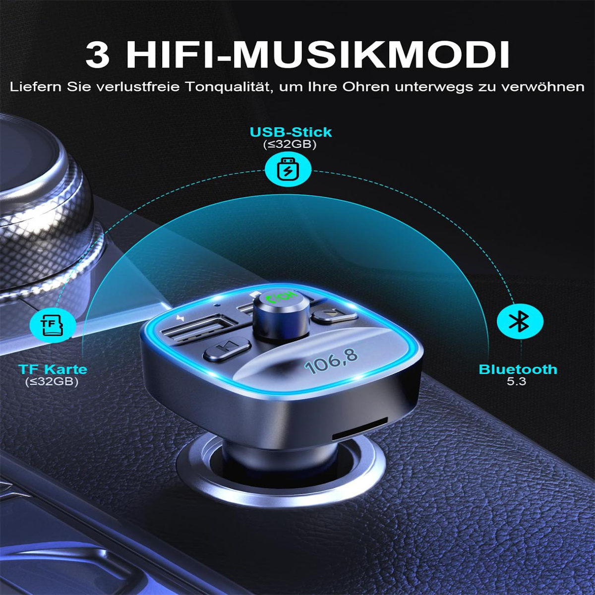 Auto-Audiogerät mit Display, Tasten, USB, TF-Karte und Bluetooth.