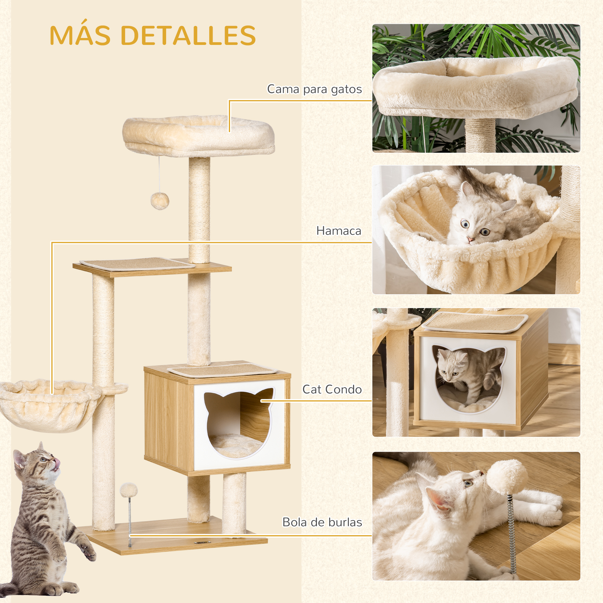 Un árbol para gatos con múltiples características: cama, hamaca, condominio para gatos y bola de juego, con gatos.