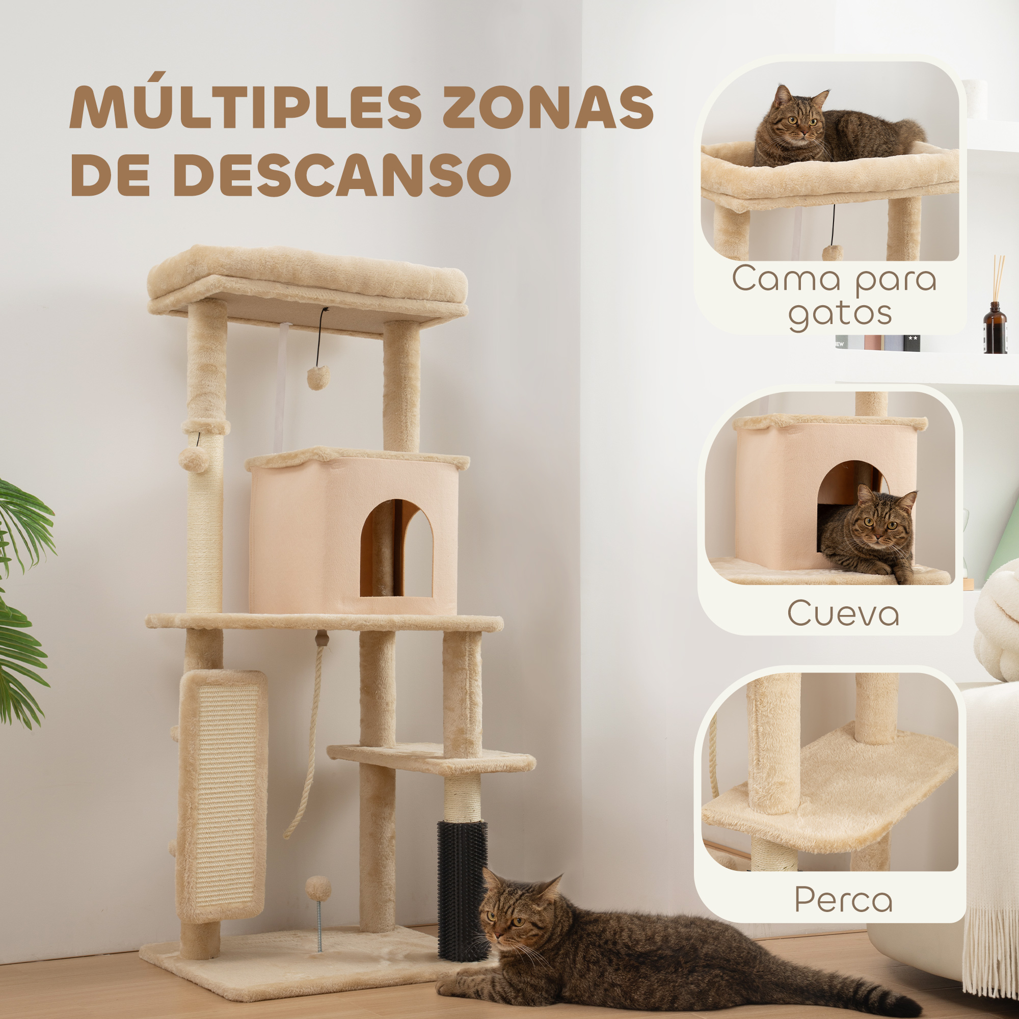 Un árbol para gatos con múltiples zonas de descanso y gatos, con imágenes de una cama, una cueva y una percha.