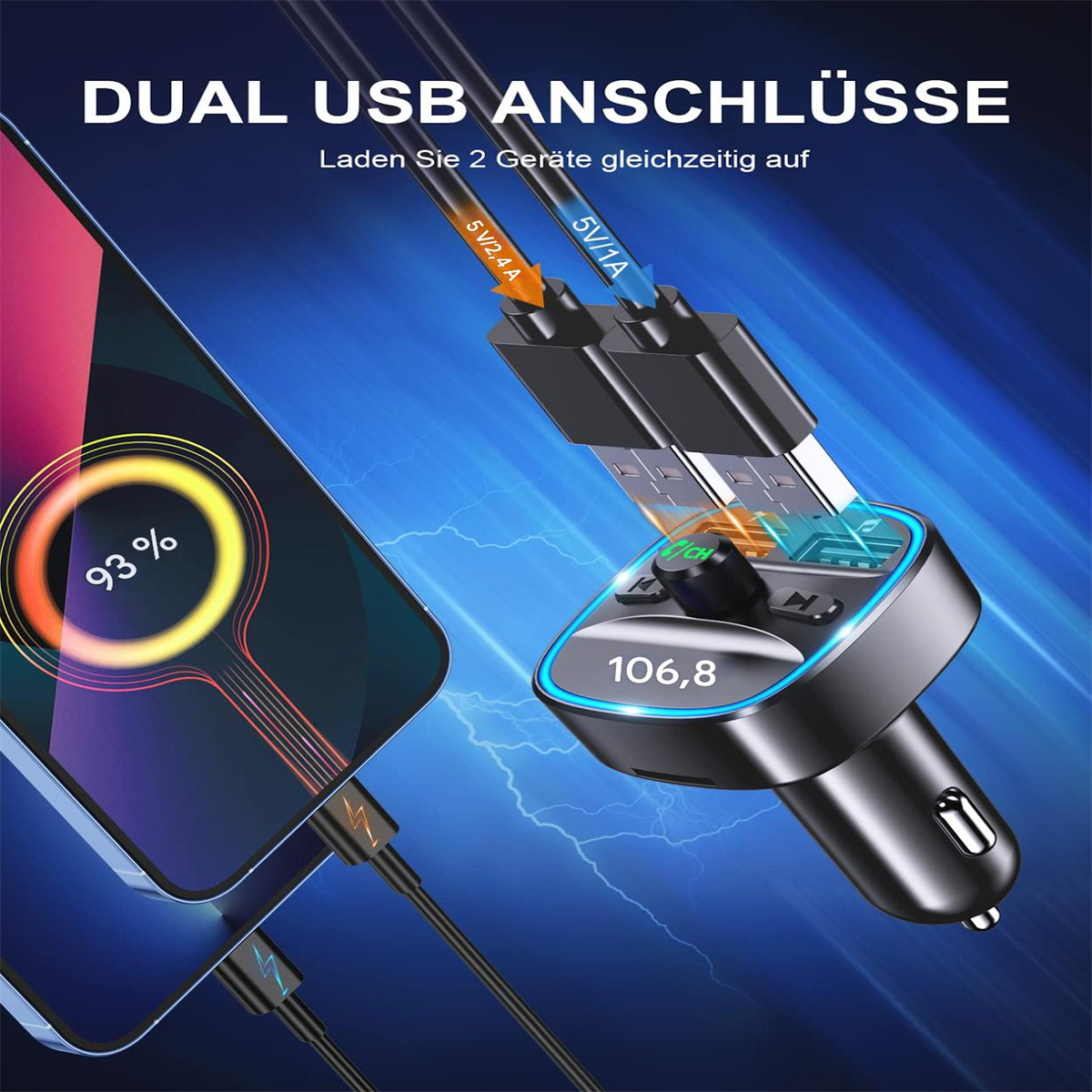 Ein USB-Ladegerät mit zwei USB-Anschlüssen und einem Telefon. Ein Bildschirm zeigt 93 % Aufladung.