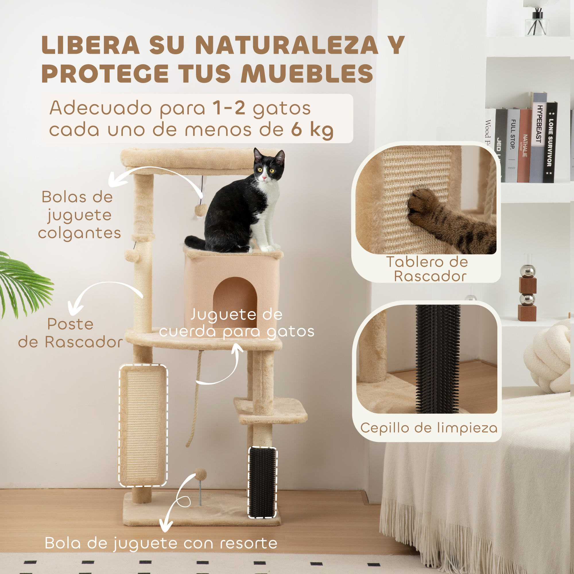 Un árbol para gatos con juguetes colgantes, un gato encima, postes rascadores y un cepillo de limpieza. Para gatos.