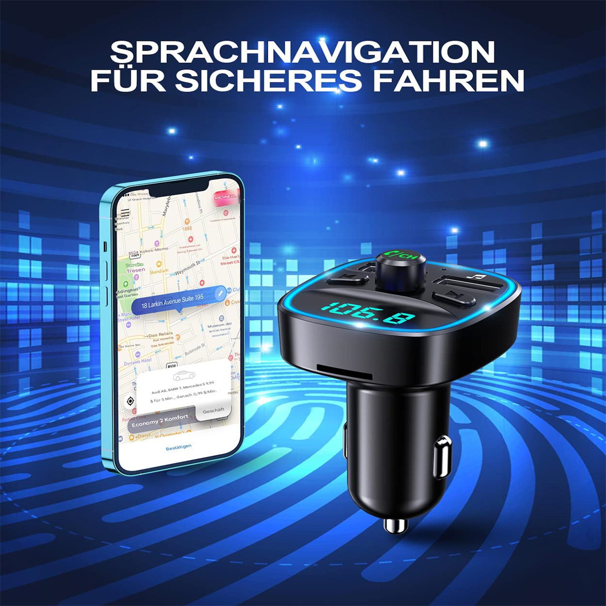 Schwarzes und blaues Autoladegerät mit Bildschirm, Navigation und Telefon.