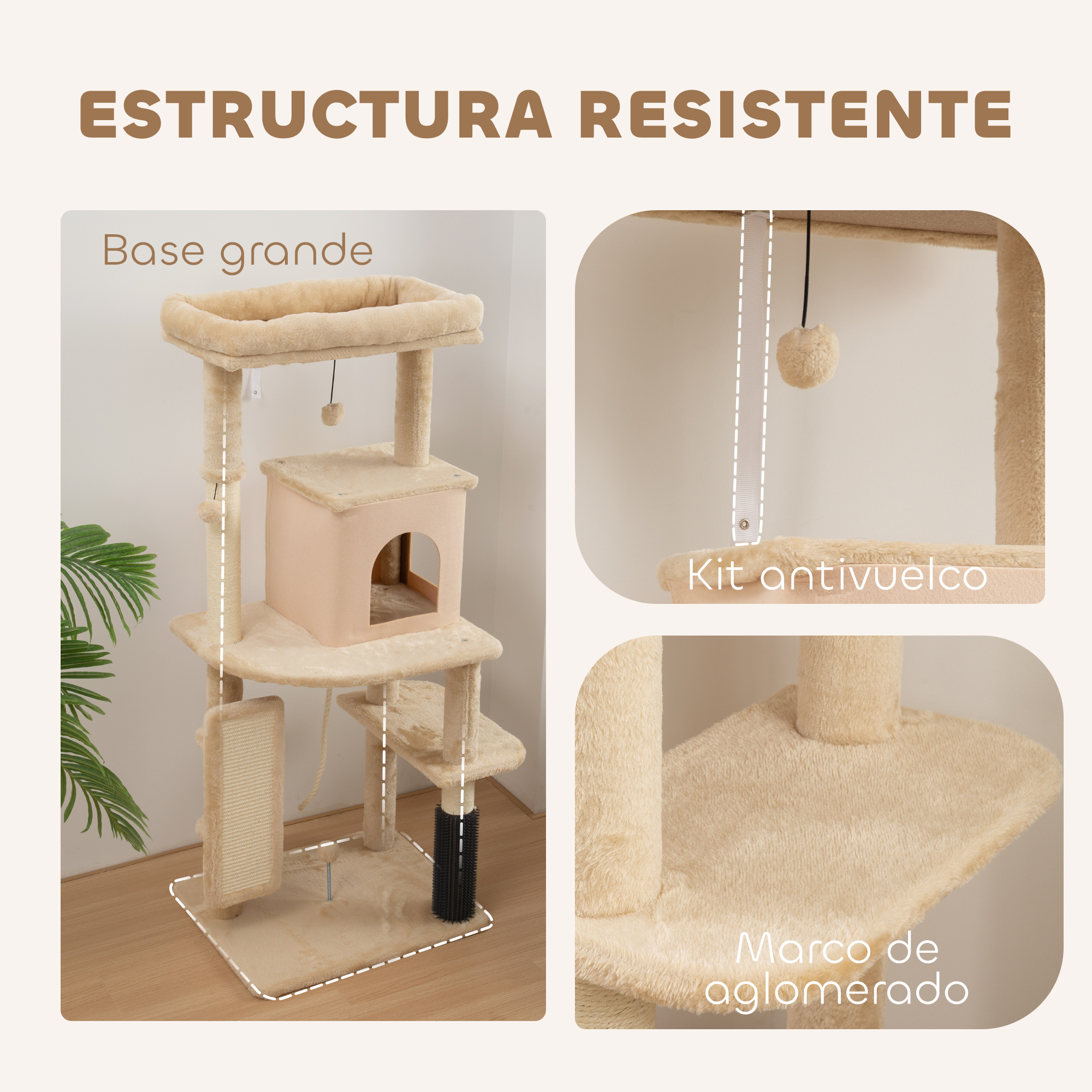 Árbol para gatos con base grande, kit antivuelco y marco de aglomerado.