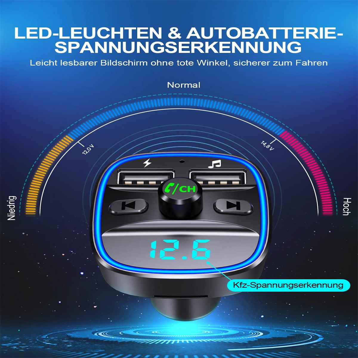 Kfz-Spannungsanzeige. USB-Anschlüsse, blaue Anzeige und Bereich von 12,0 V bis 14,3 V. Enthält Knöpfe und einen zentralen Bedienknopf.