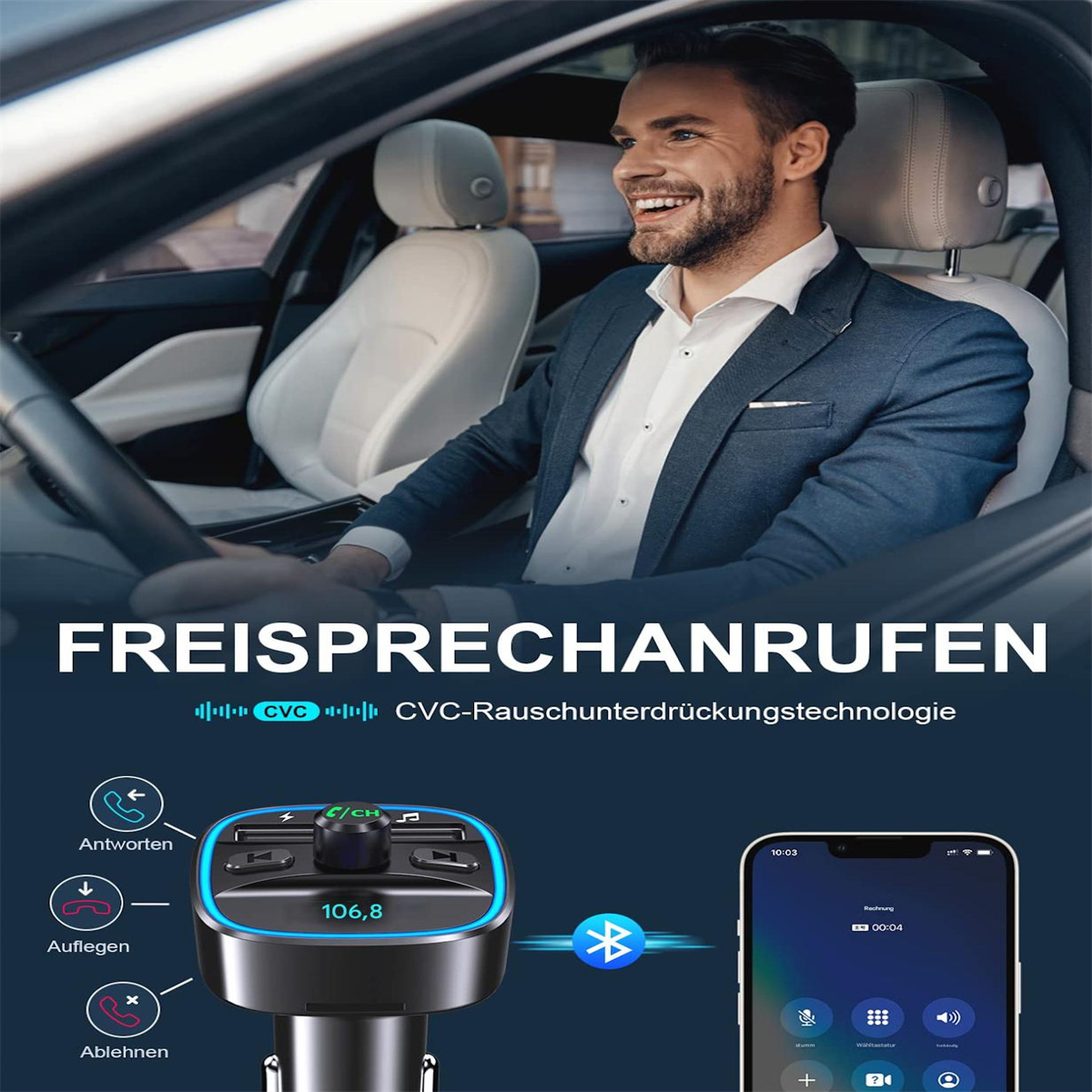 Ein Mann in einem Auto benutzt eine Freisprecheinrichtung mit einem Telefon, das einen Anrufbildschirm zeigt.