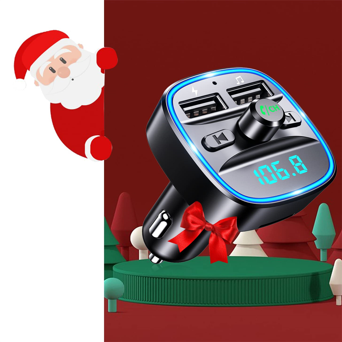 Schwarzes Autoladegerät mit USB-Anschlüssen, blauem Licht und roter Schleife, mit Weihnachtsmann.