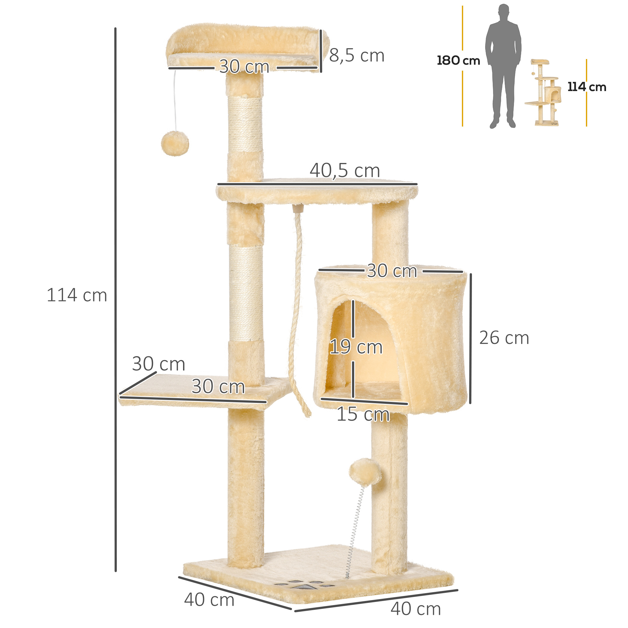 Árbol para gatos con dimensiones etiquetadas. Incluye múltiples plataformas, postes rascadores y un juguete colgante.