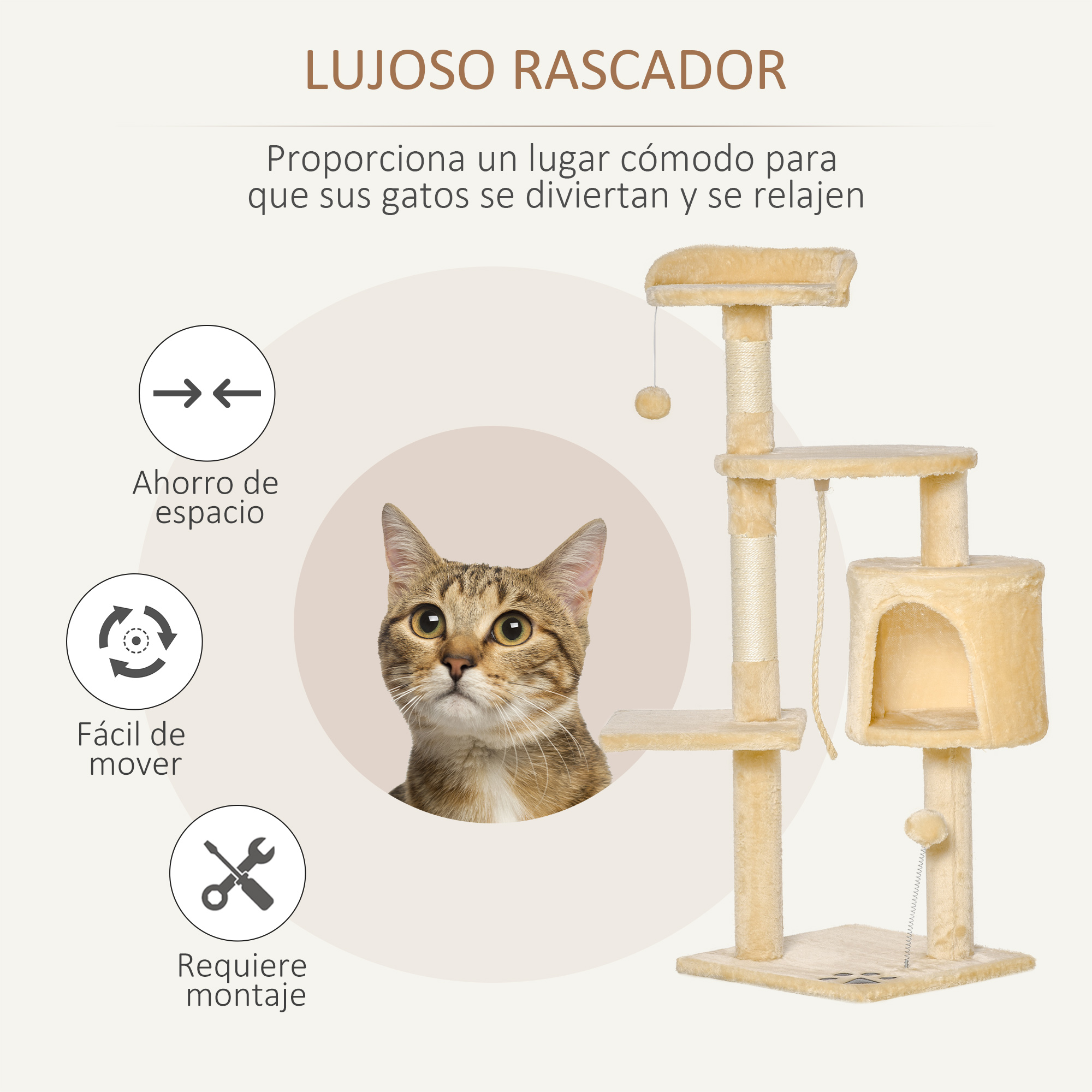 Un árbol para gatos con un gato sentado, con texto y gráficos.