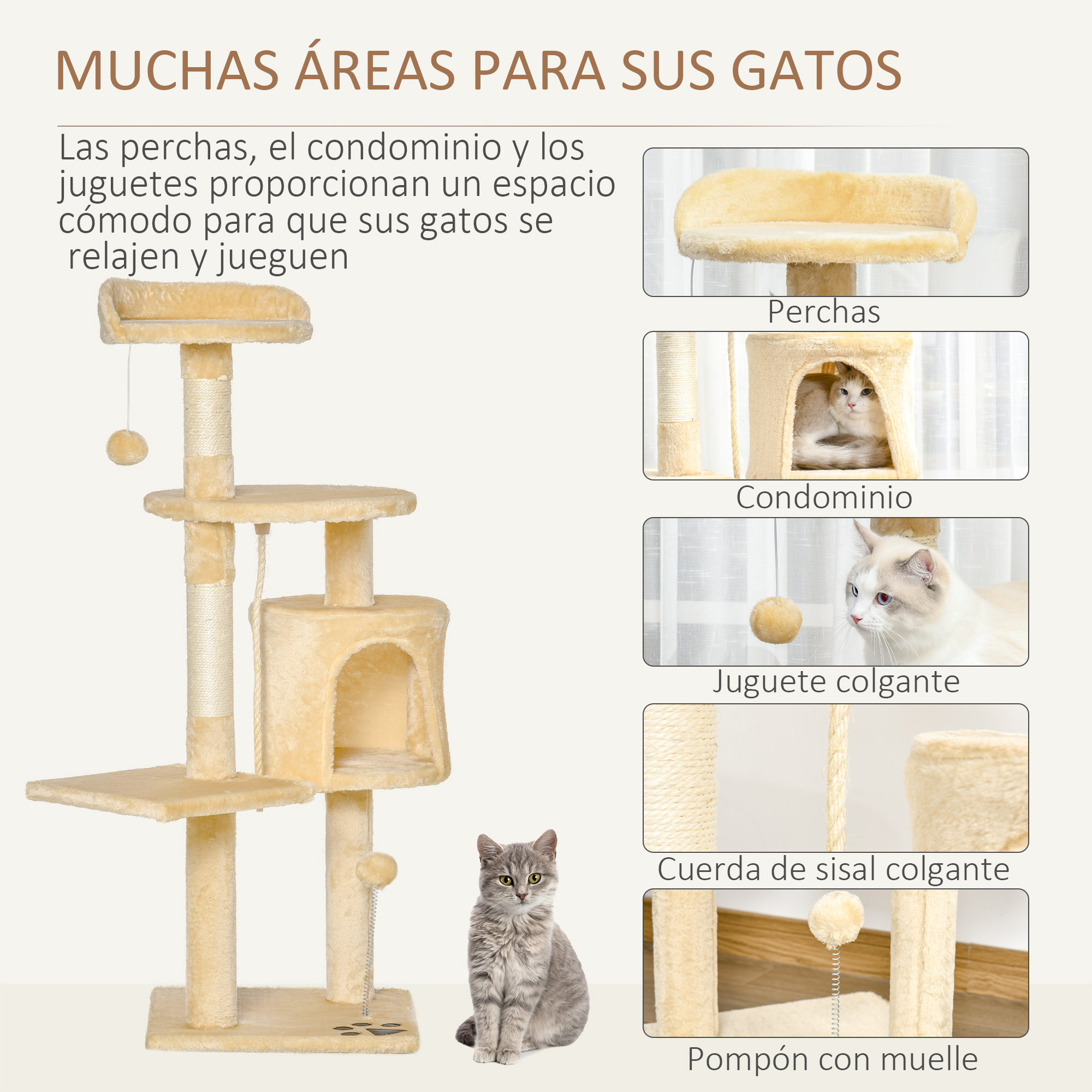 Árbol para gatos con múltiples niveles, un gato y vistas de cerca de características y un gato.