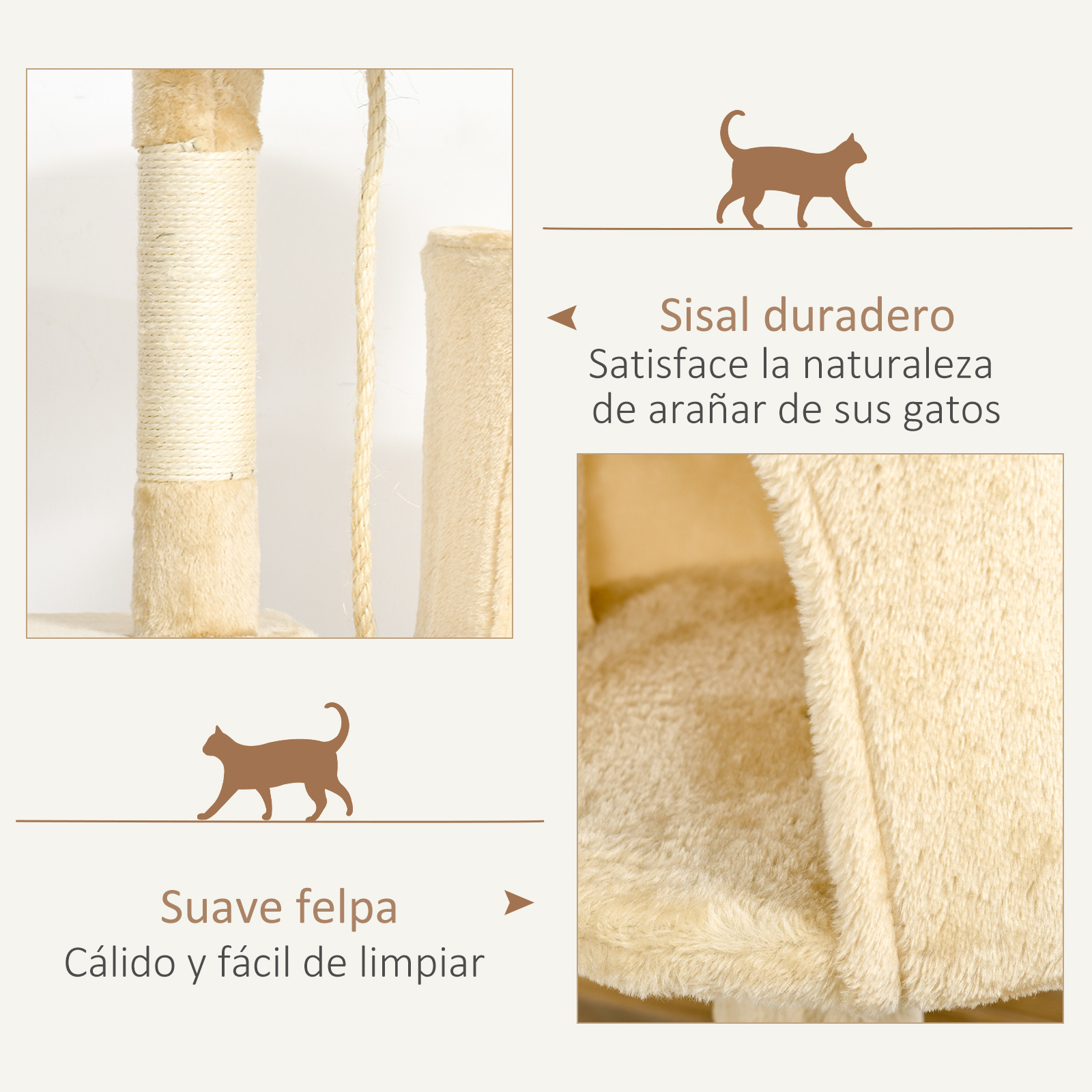 Primer plano de un rascador para gatos. Se muestra sisal duradero, felpa suave e ilustraciones de siluetas de gatos.