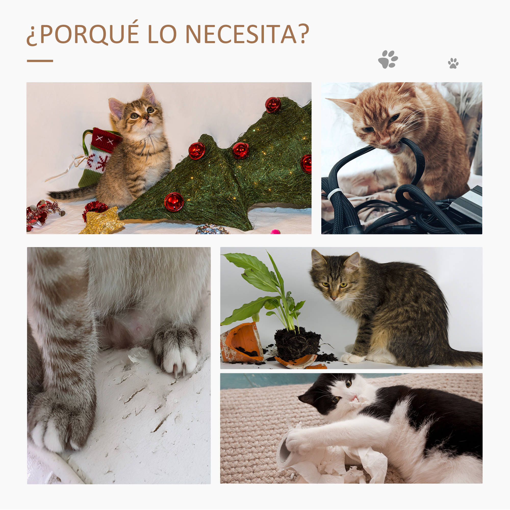 Collage de gatos: jugando con árbol de Navidad, masticando cable, planta destruida y jugando con papel.