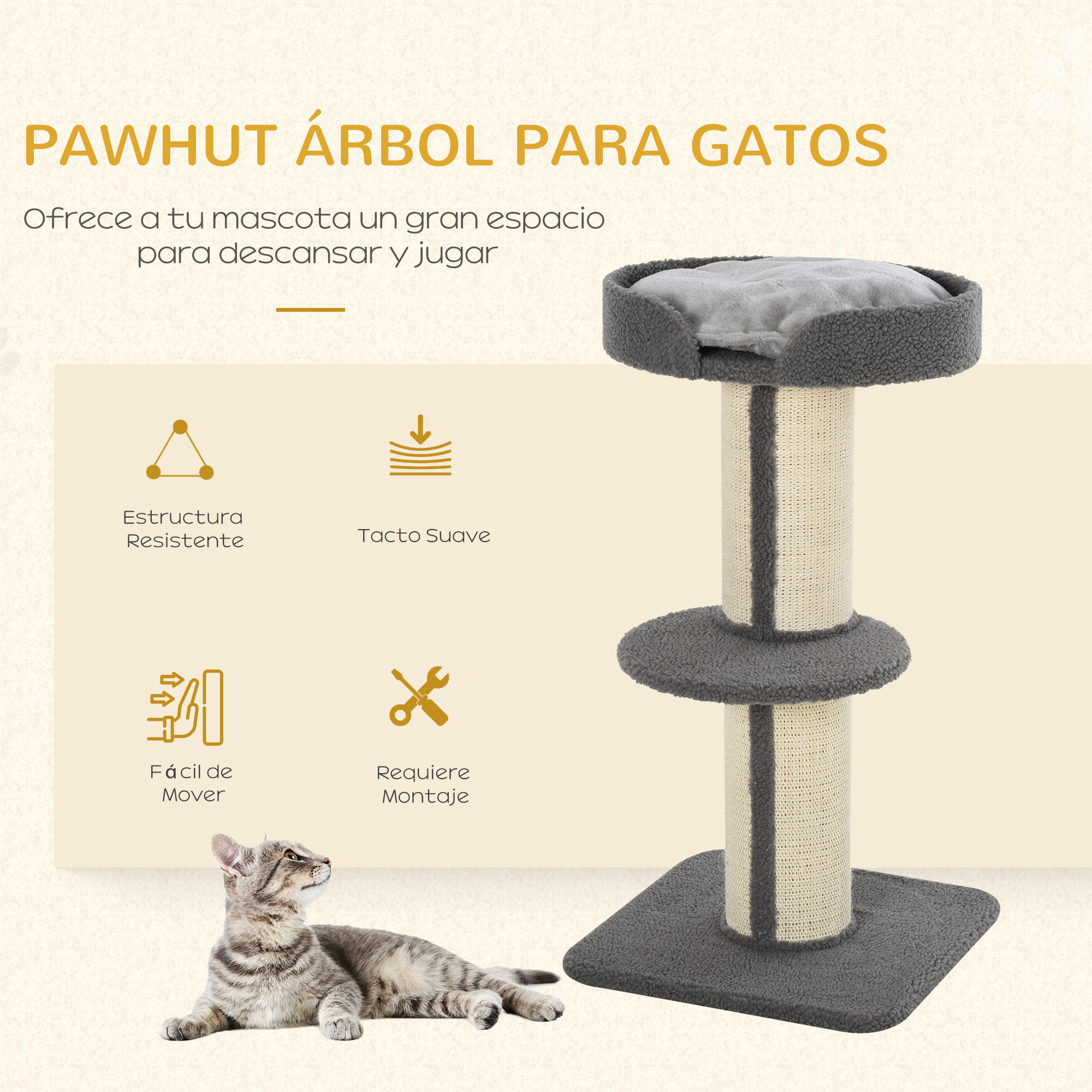 Un gato gris acostado junto a un árbol para gatos, con texto que resalta las características del árbol.