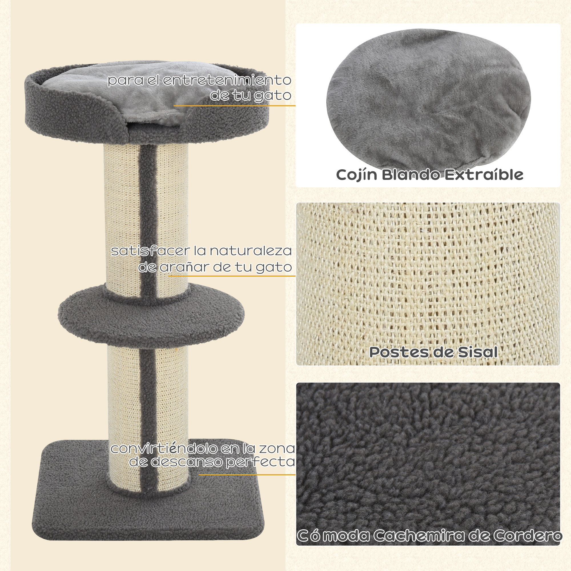 Un árbol para gatos con múltiples niveles y una cama para gatos gris. Las etiquetas de texto describen las características y beneficios.