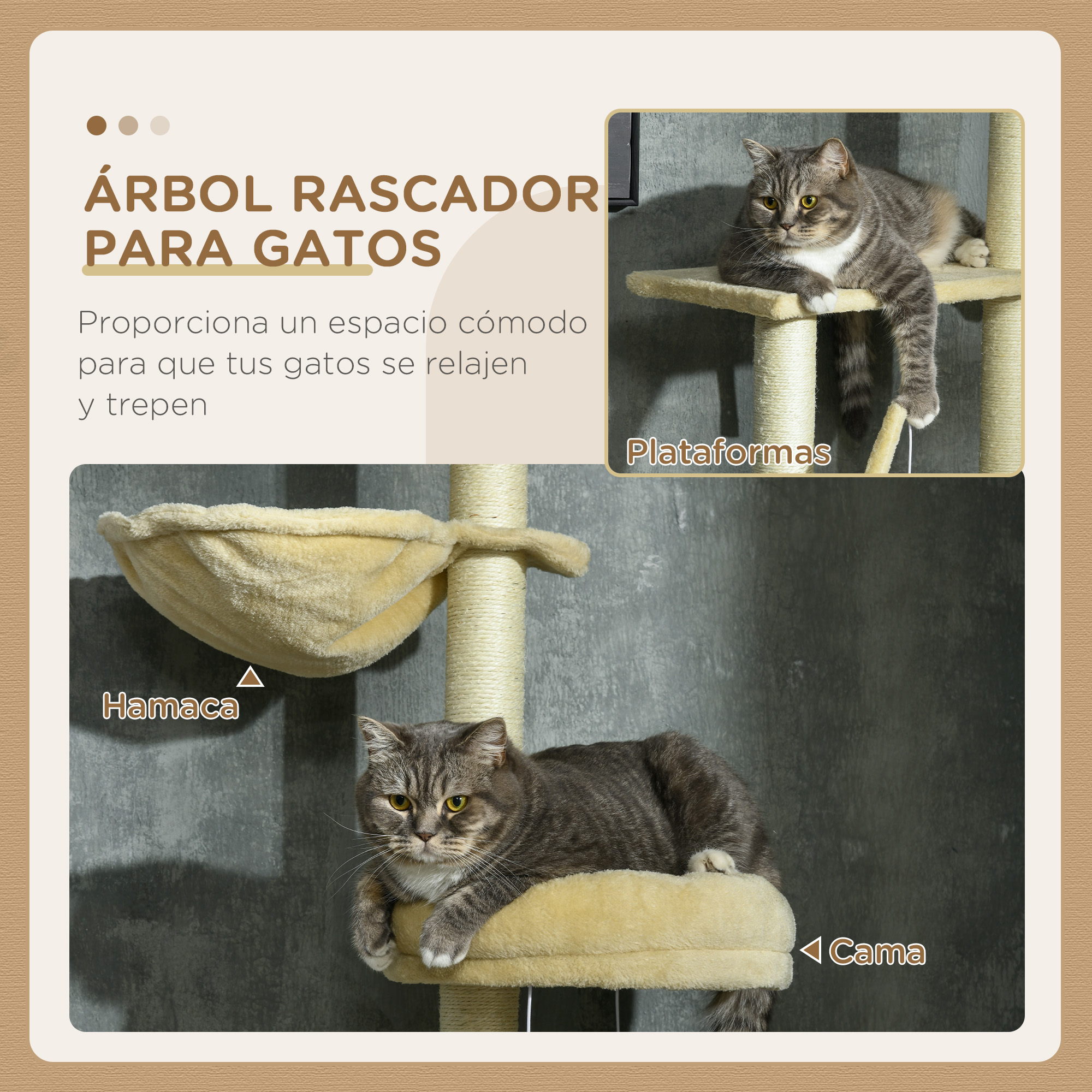 Árbol para gatos con plataformas, hamaca y cama. Dos gatos descansan en la estructura del árbol.