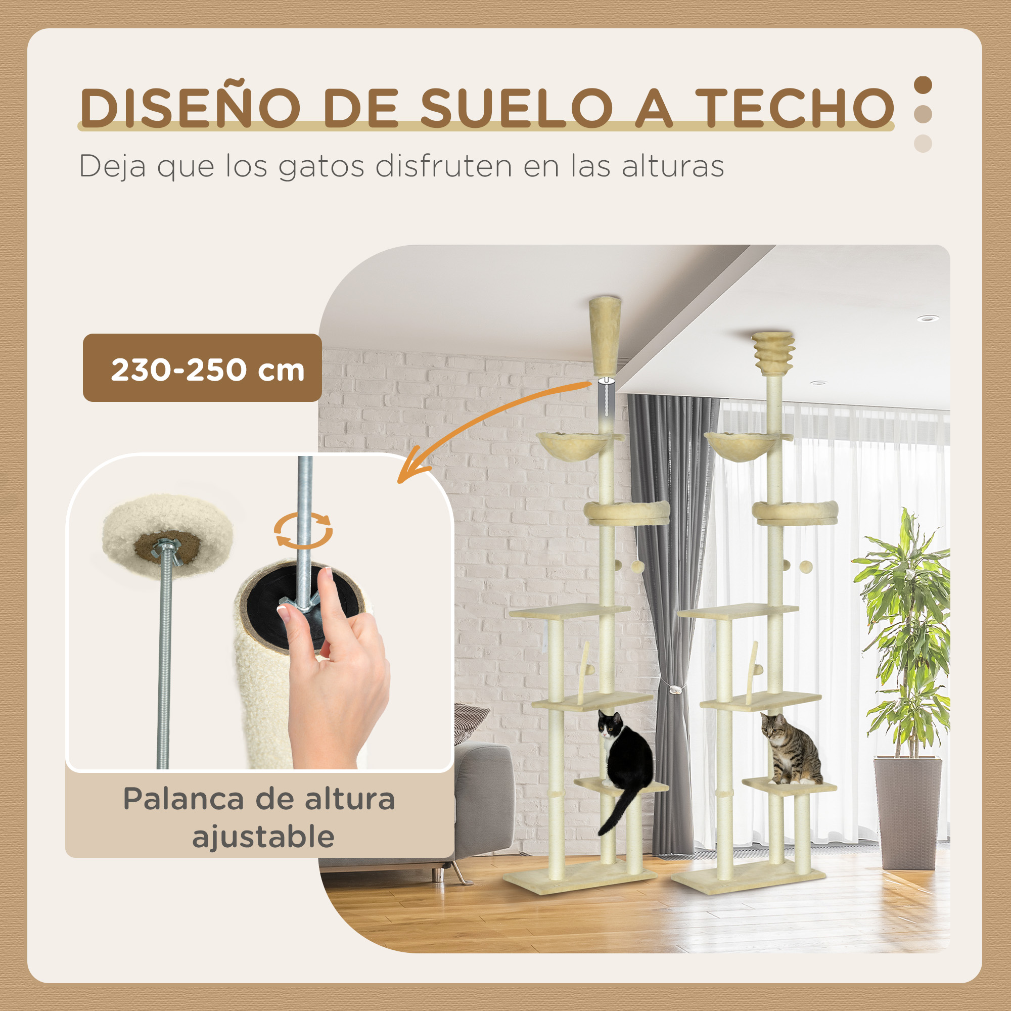 Árbol para gatos con varios niveles. Un gato está en el árbol. Una mano ajusta la altura.
