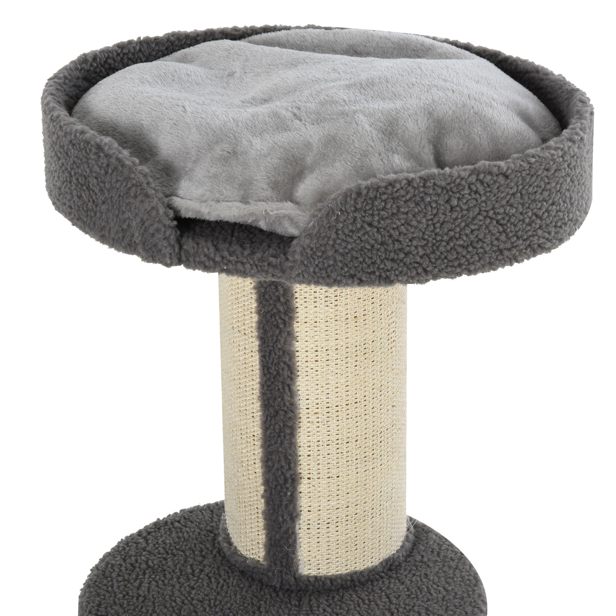 Kratzbaum-Detail. Grau und Beige. Oberes Kissen und Kratzpfosten. Für Katzen zum Sitzen und Kratzen.