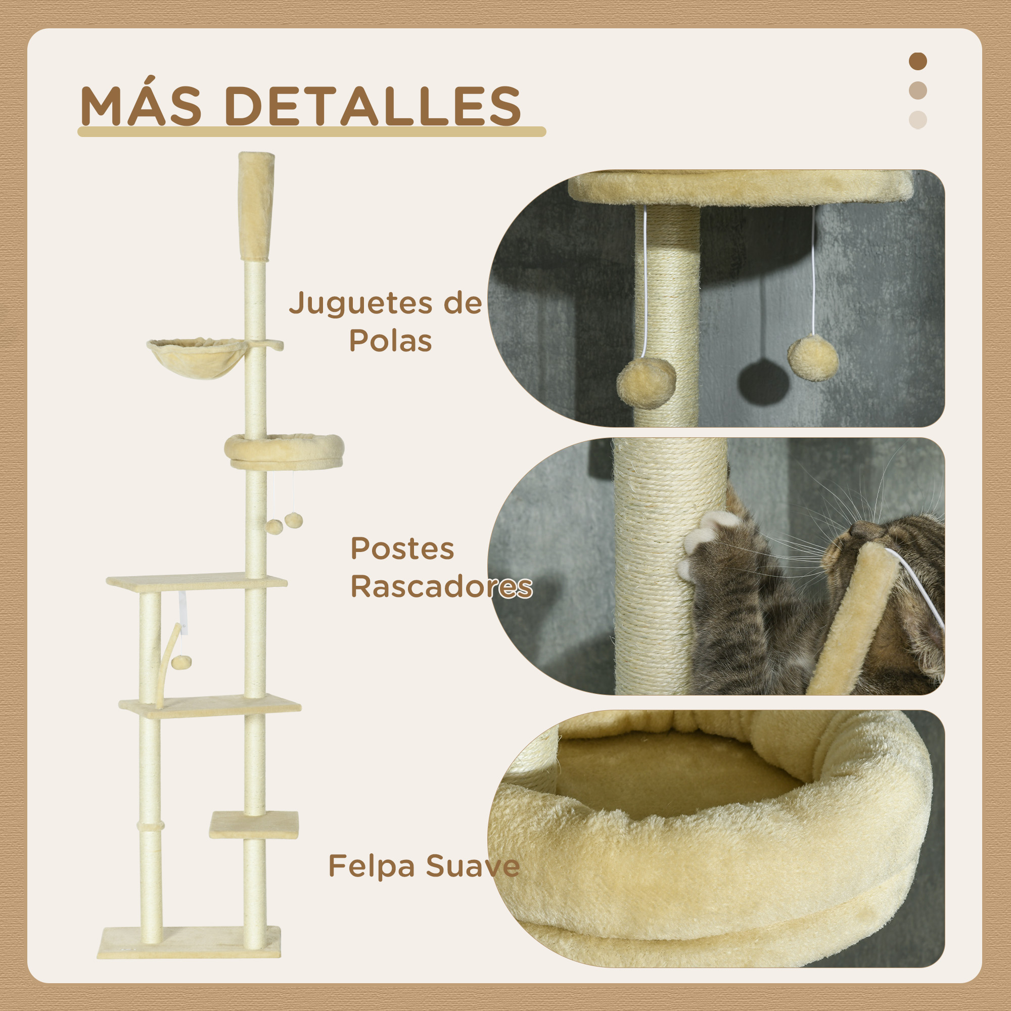 Detalles del árbol para gatos: juguetes, postes rascadores y una cama de felpa.