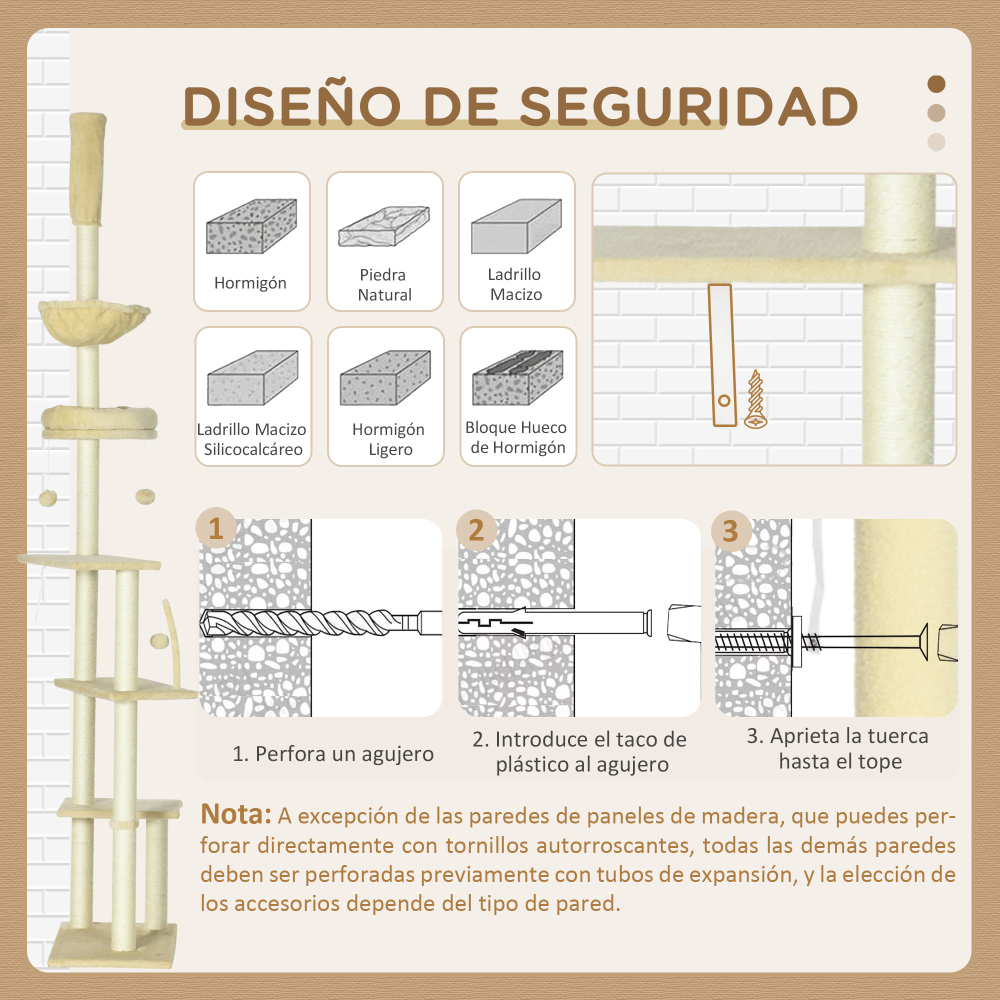 Instrucciones de montaje con diagramas de diferentes paredes y tornillos.