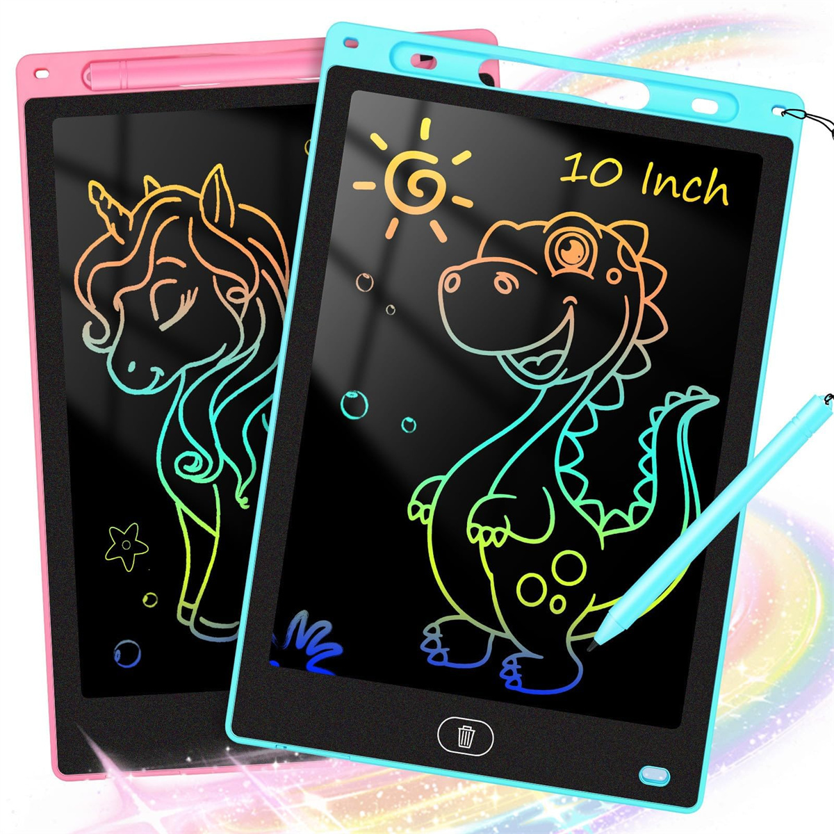 Zwei bunte 10-Zoll-Zeichentabletts mit Cartoonzeichnungen und Stiften. Rosa und blaue Rahmen.