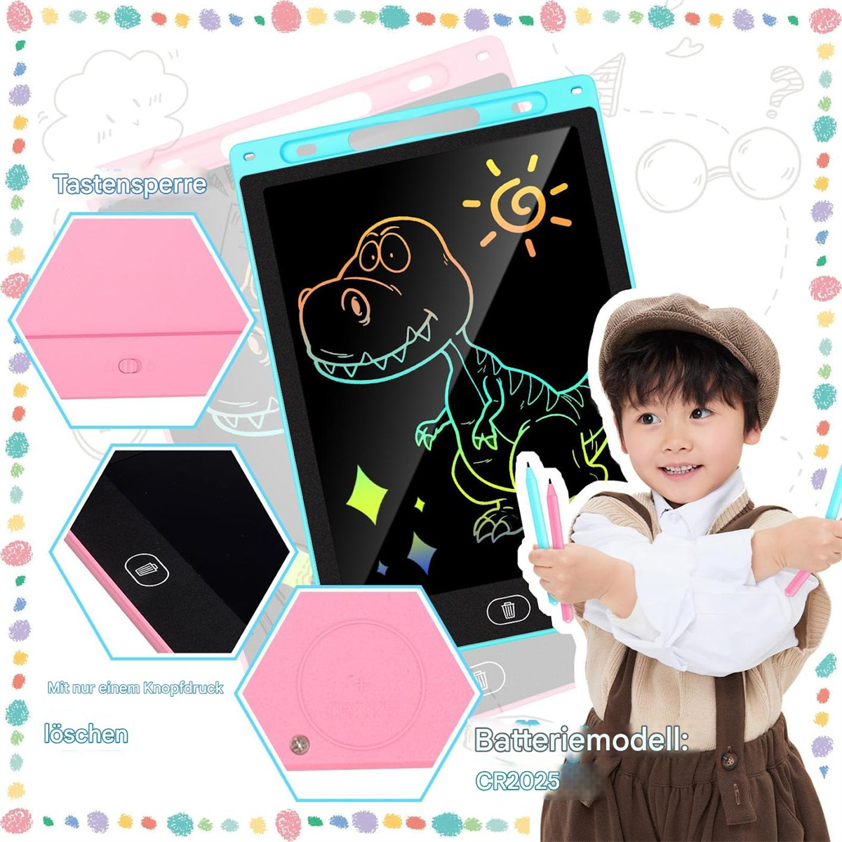 Kind und Zeichentablett. Tablet zeigt eine Dinosaurierzeichnung, mit rosa und schwarzen Details.