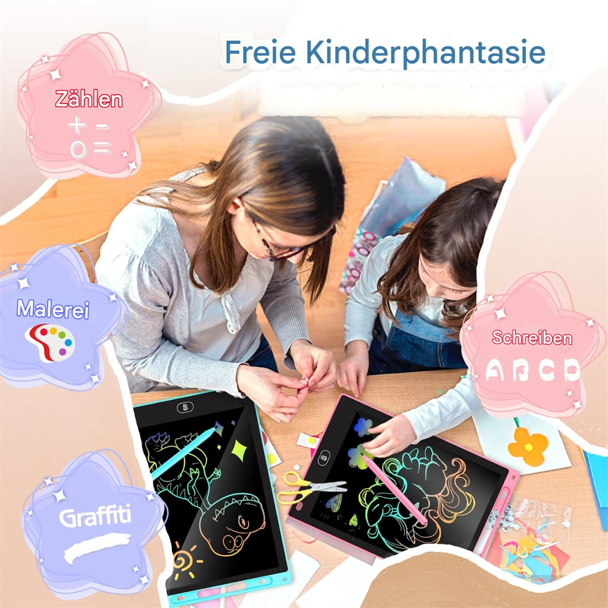 Zwei Frauen und ein Kind arbeiten mit farbenfrohen Designs auf Zeichentabletts.