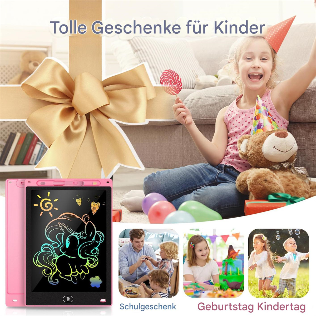 Mädchen hält Geschenk, Tablet mit Zeichnung und Kinder in verschiedenen Szenen.