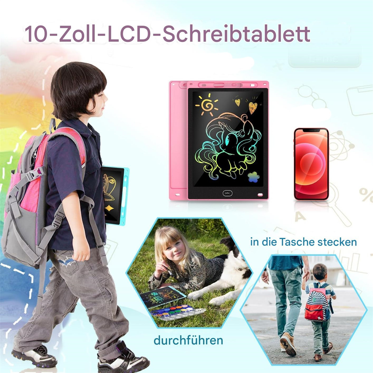 Ein Kind hält ein blaues Tablet, neben einem rosa Tablet. Außerdem zu sehen: ein Kind und eine Person, die auf ein Tablet schreiben.