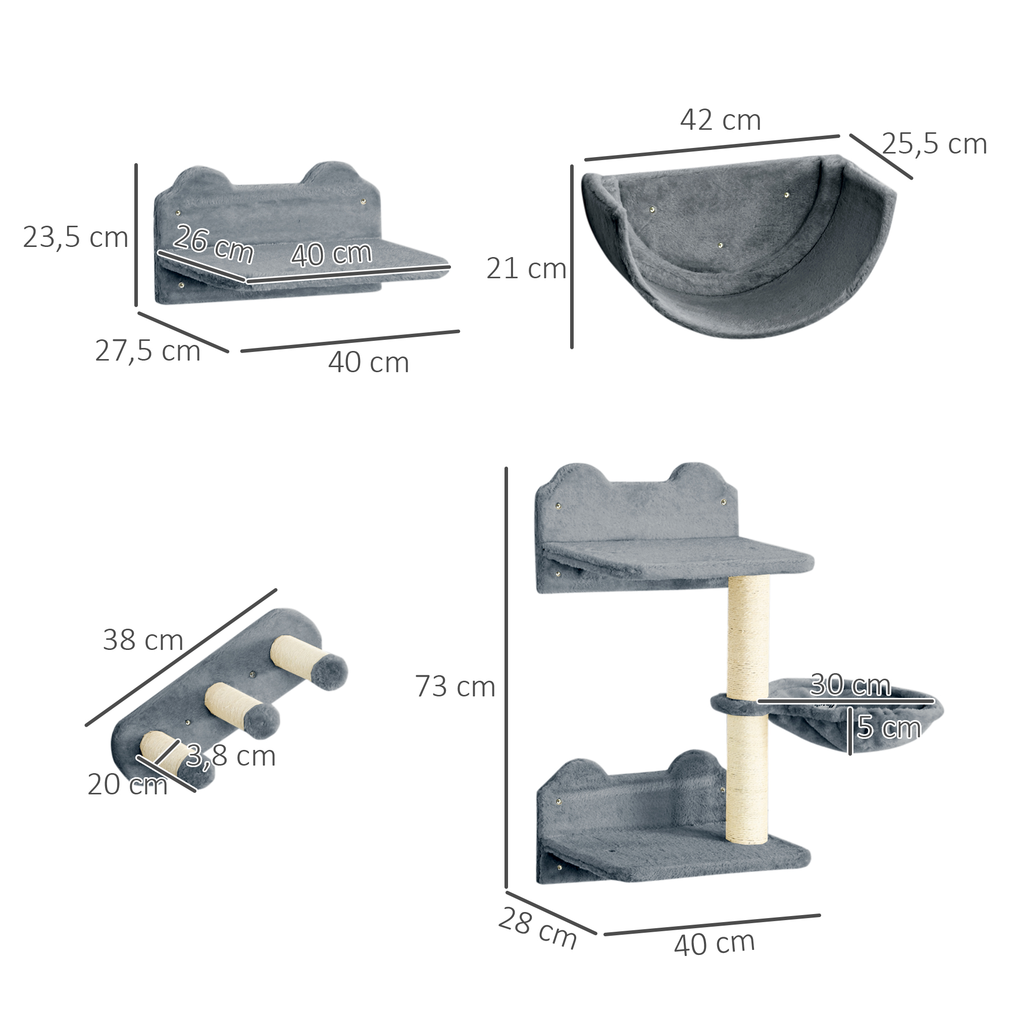 Un conjunto de estantes para gatos con dimensiones. Incluye una cama, estantes y rascadores.