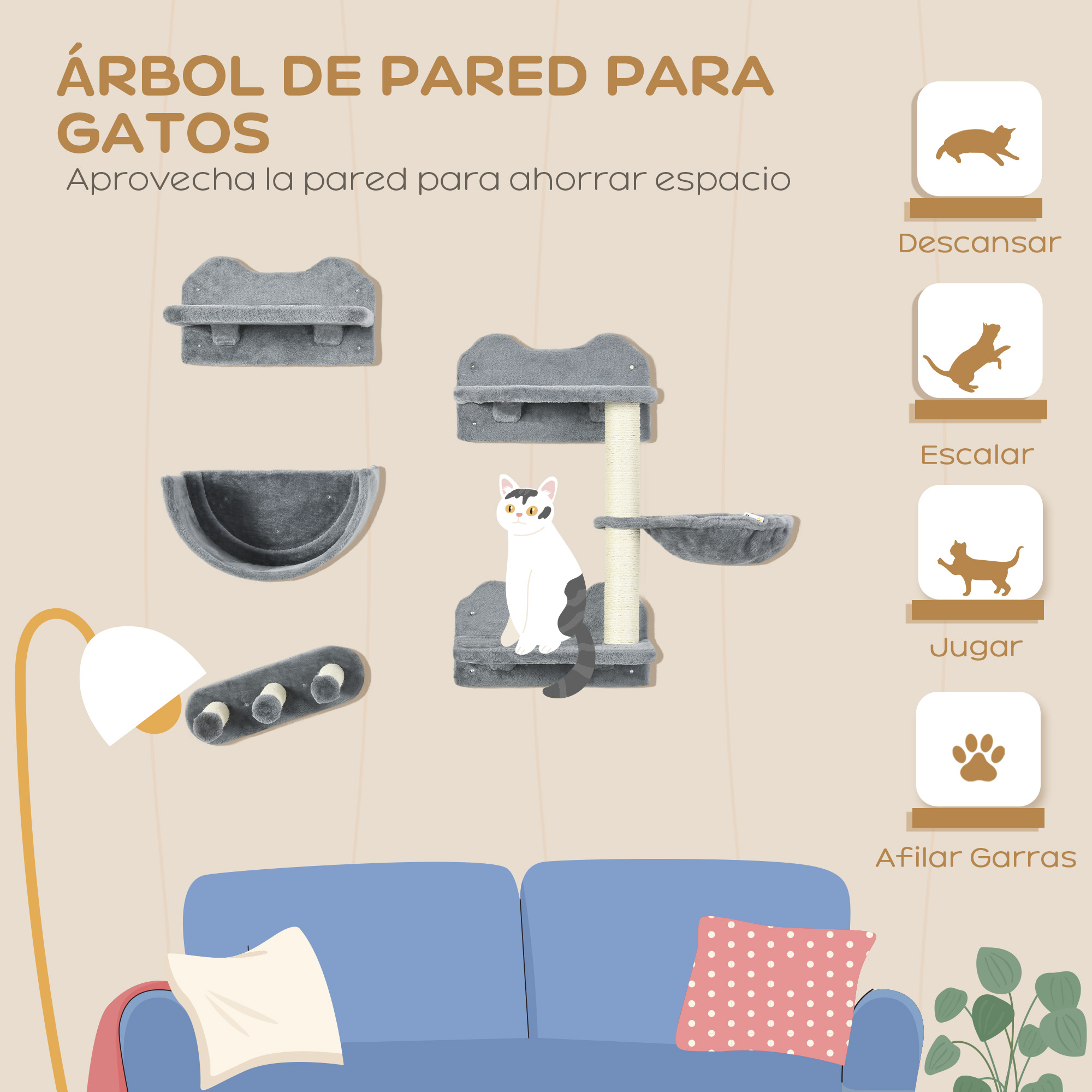 Un árbol para gatos en una pared, con diferentes plataformas y un gato. Iconos muestran actividades felinas.