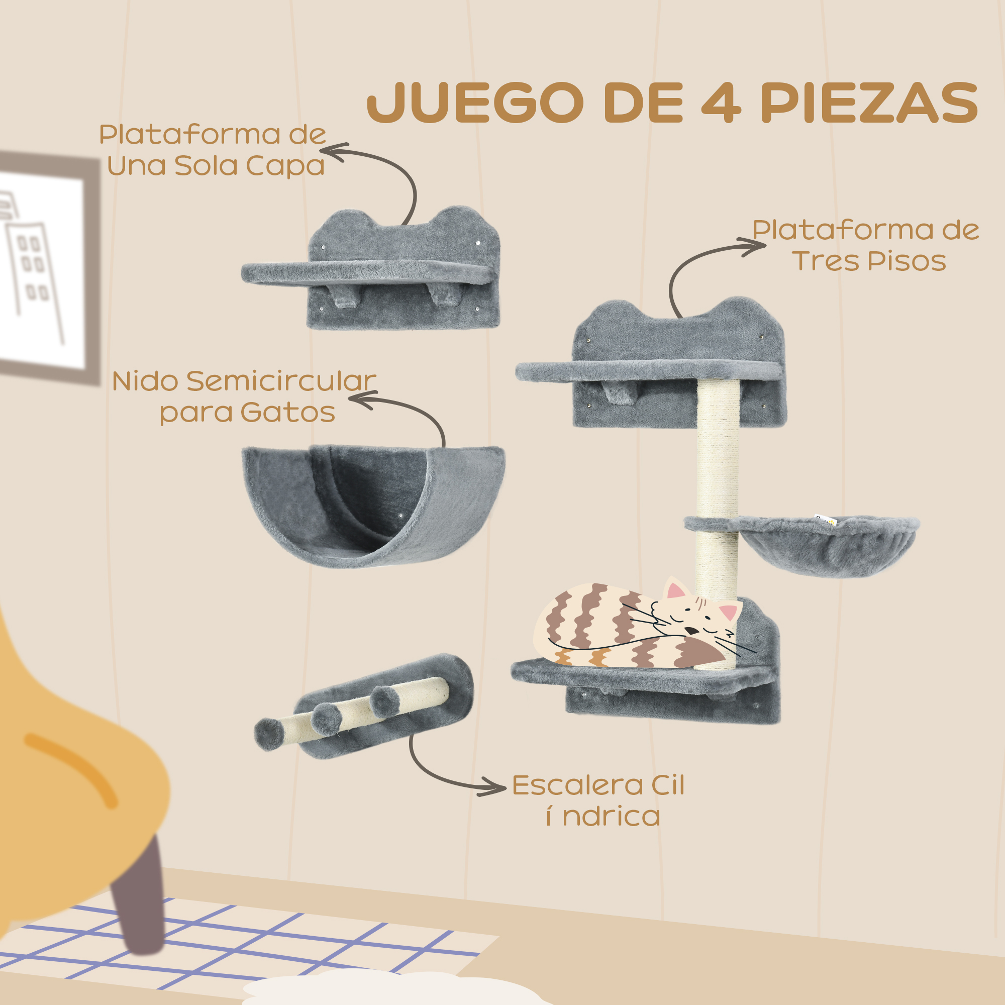 Diagrama de componentes de árbol para gatos, con texto en español.