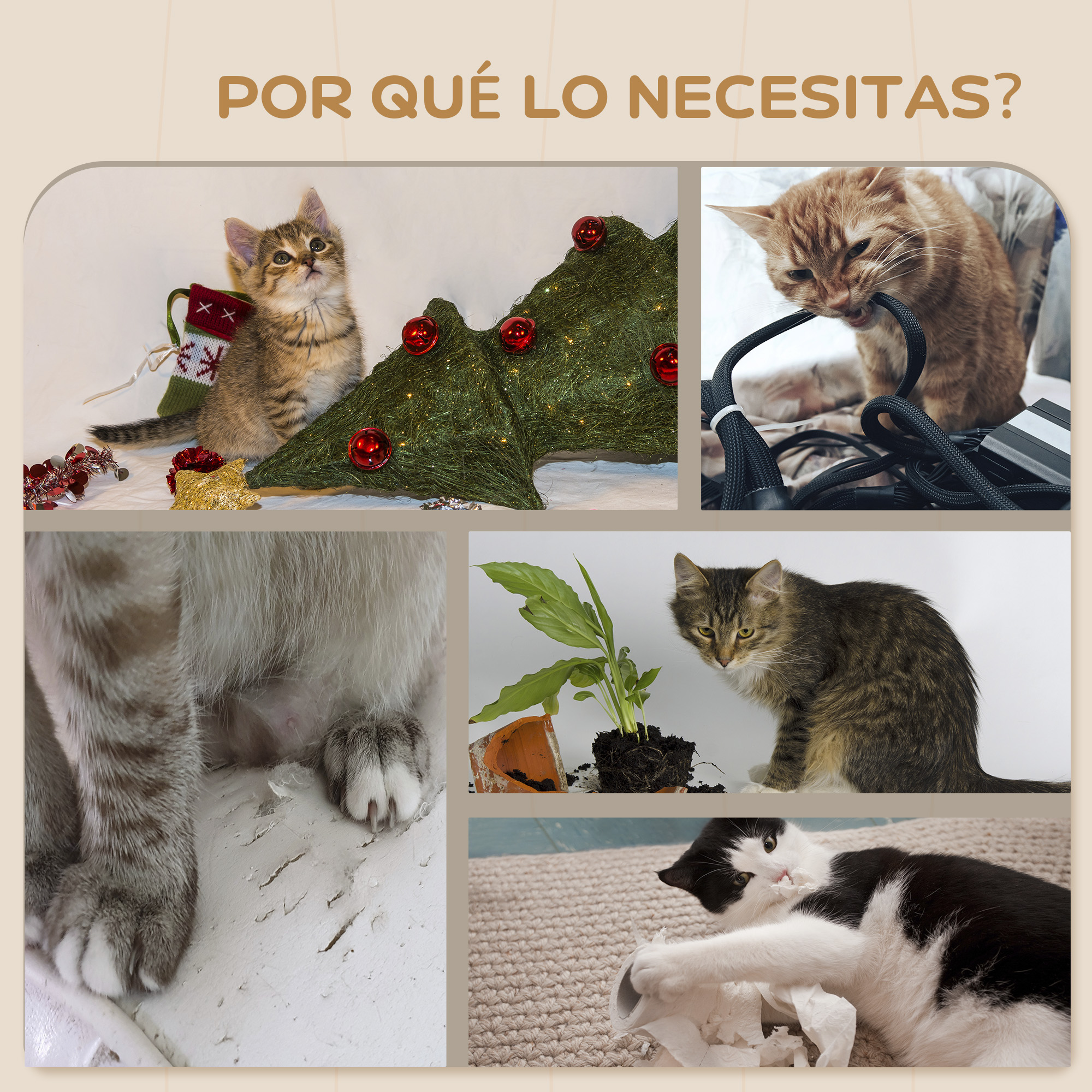 Collage de gatos interactuando con objetos: árbol de Navidad, cables, patas, planta, papel.