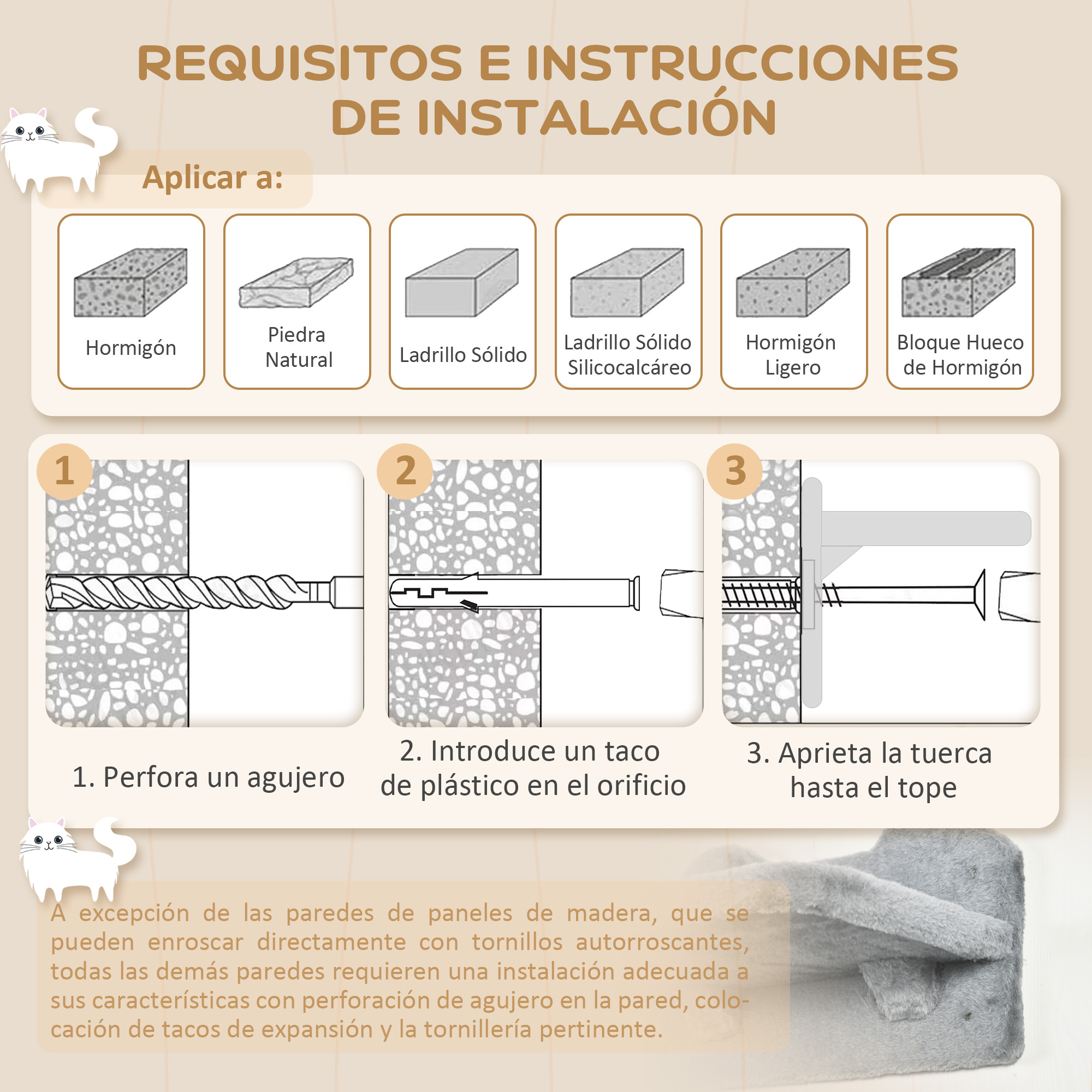 Instrucciones sobre cómo instalar un tornillo en una pared. Incluye diagramas para diferentes materiales de pared.