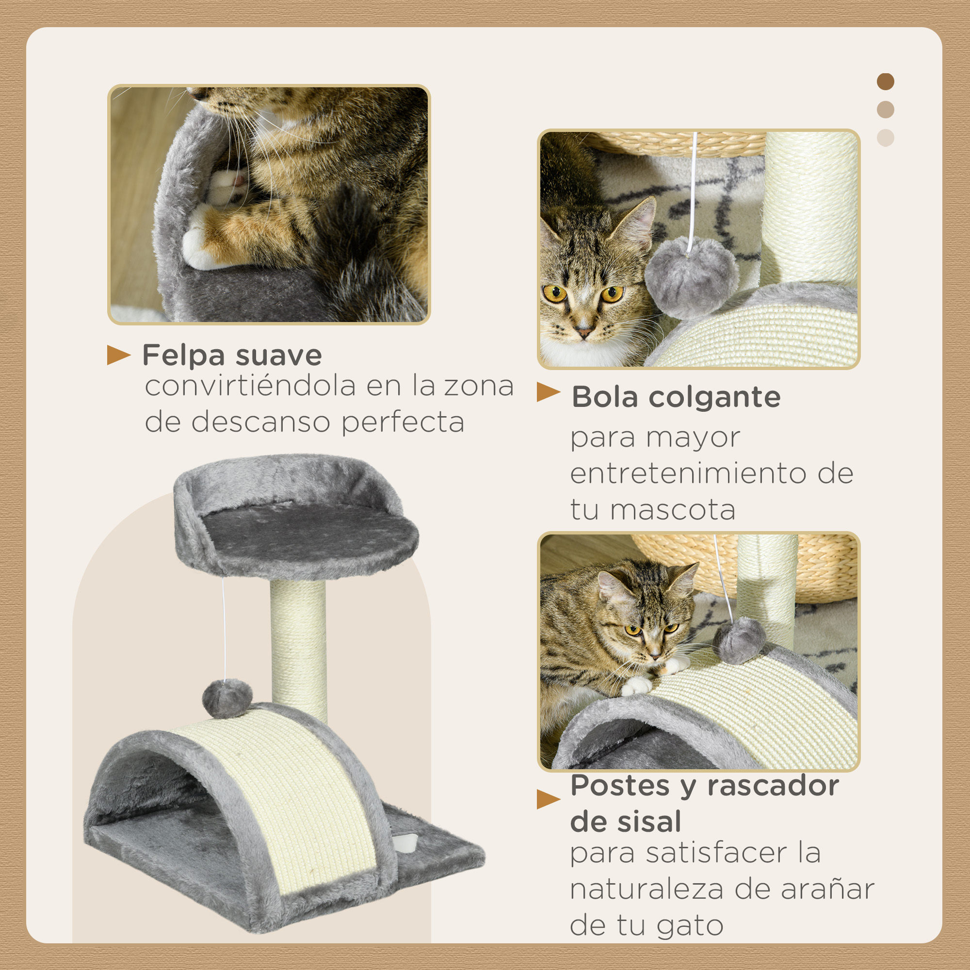 Primeros planos de árboles para gatos, con detalles de la estructura.