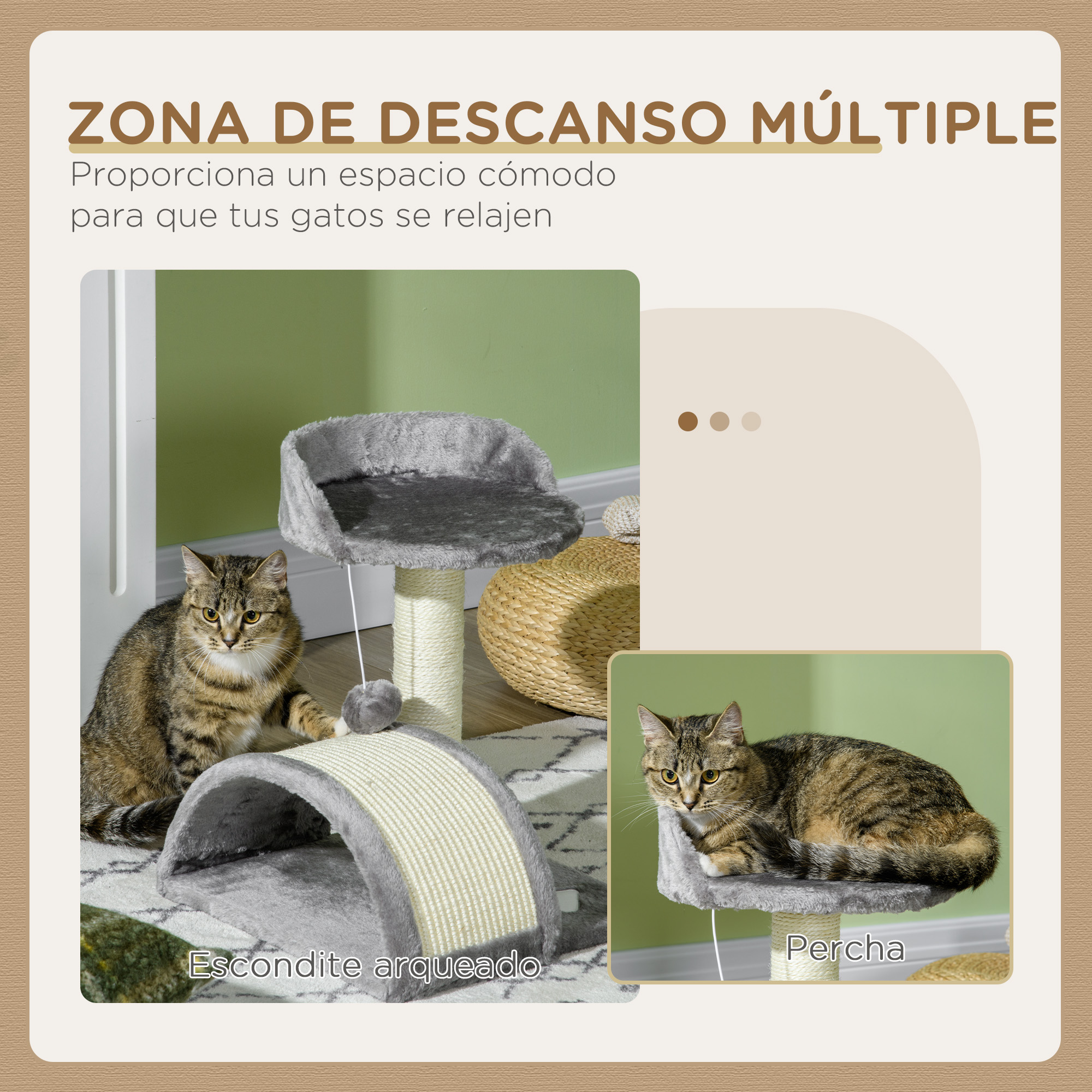 Un gato descansando en un árbol para gatos. Un gato en primer plano y otros dos árboles para gatos.
