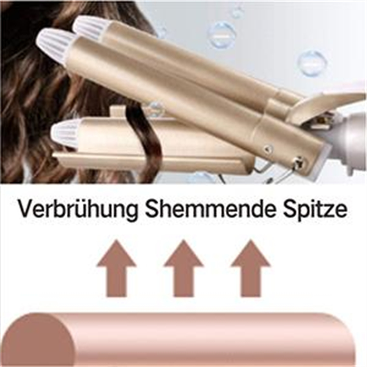 Haar Lockenwickler mit Pfeilen, die auf ein Heizelement zeigen.